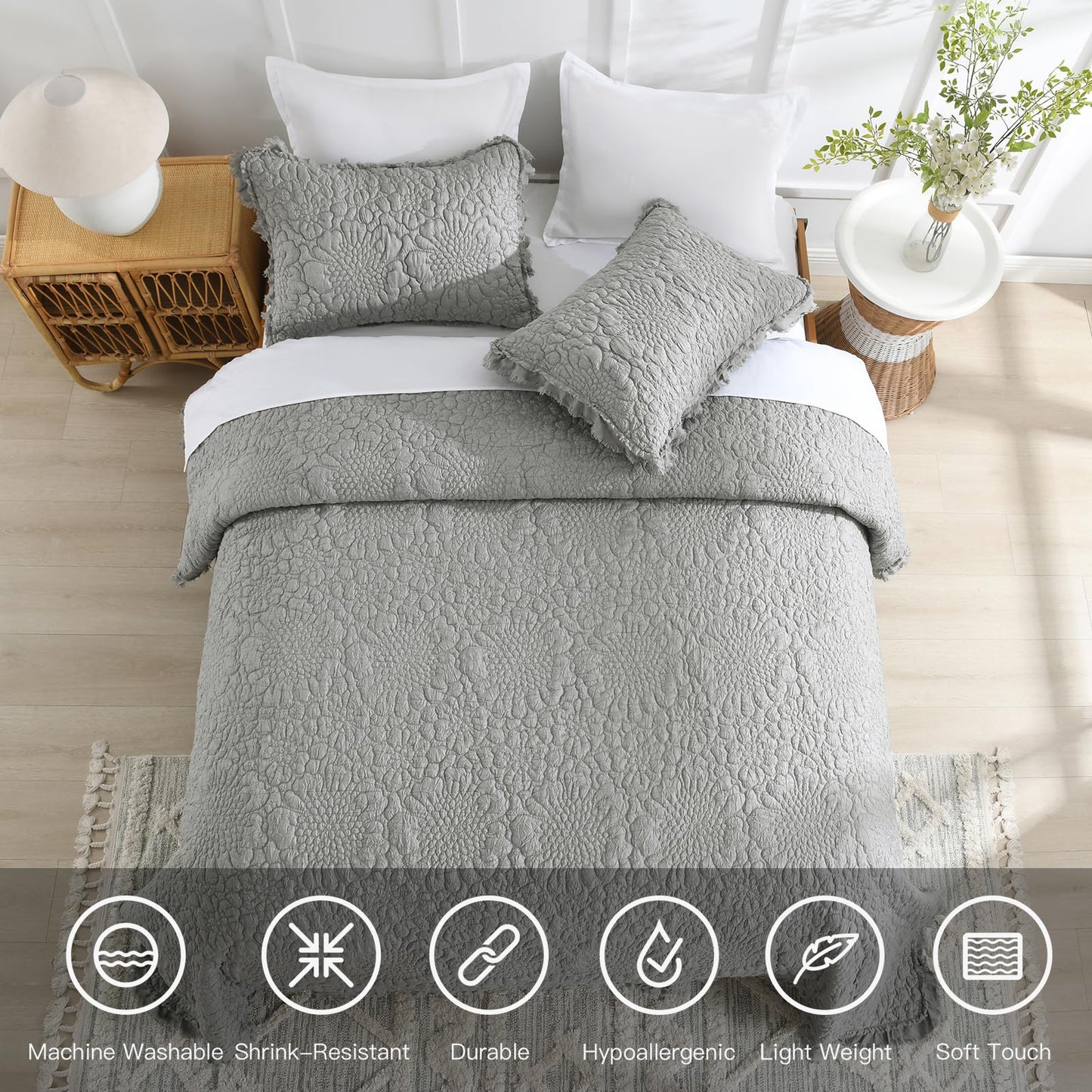 Ruffled Quilt Stone-Washed Lightweight Crinkled Shabby Chic Bedding Set