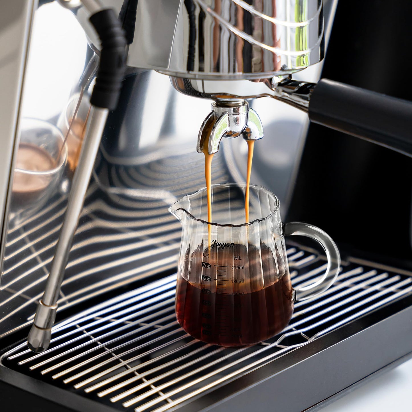 Joeyan 6 oz Glass Measuring Cups with Spout,Borosilicate Glass Triple Pitcher with Scale,Origami Style Espresso Shot Glasses with Wood Handle for Coffee Milk,Dishwasher Safe