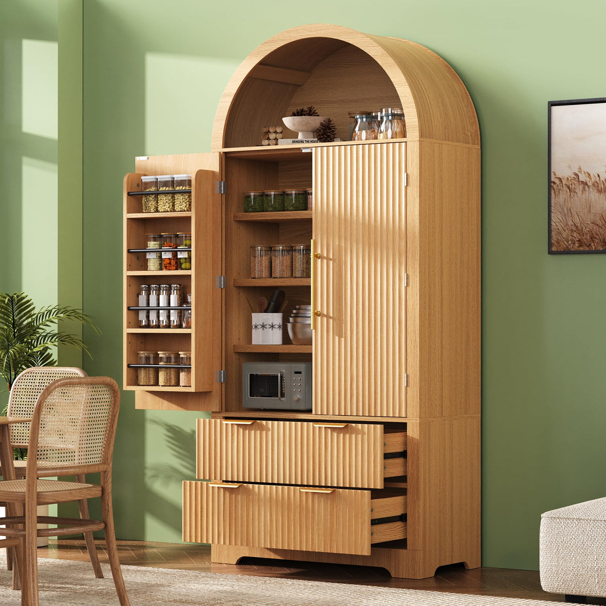 72" Tall Arched Kitchen Pantry Cabinet with 2 Drawers