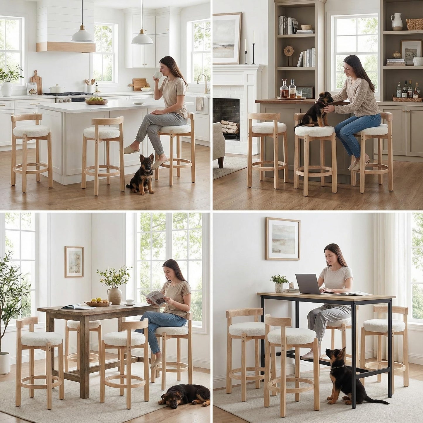 LukeAlon Mid Century Linen Counter Stools Set of 3, Upholstered 26.5" Seat Height Low Barstools with Natural Wood Legs Round Low Back Kitchen Stools with Footrest for Dining Room, Beige