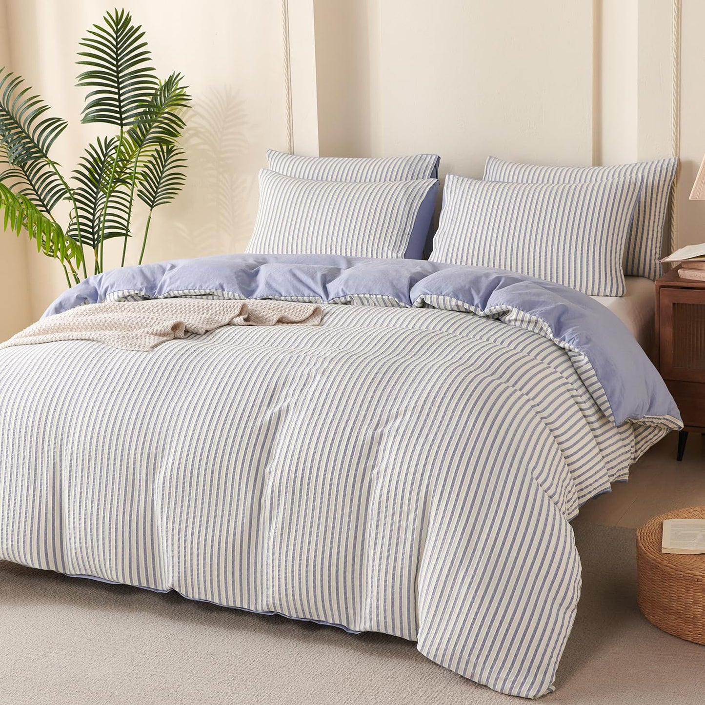 Striped Duvet Cover Queen Beige Washed Microfiber Jacquard 3 Pieces Bedding Set, White Beige Vertical Ticking Stripes Pattern Comforter Cover with Zipper Closure Breathable Durable Soft Comfy