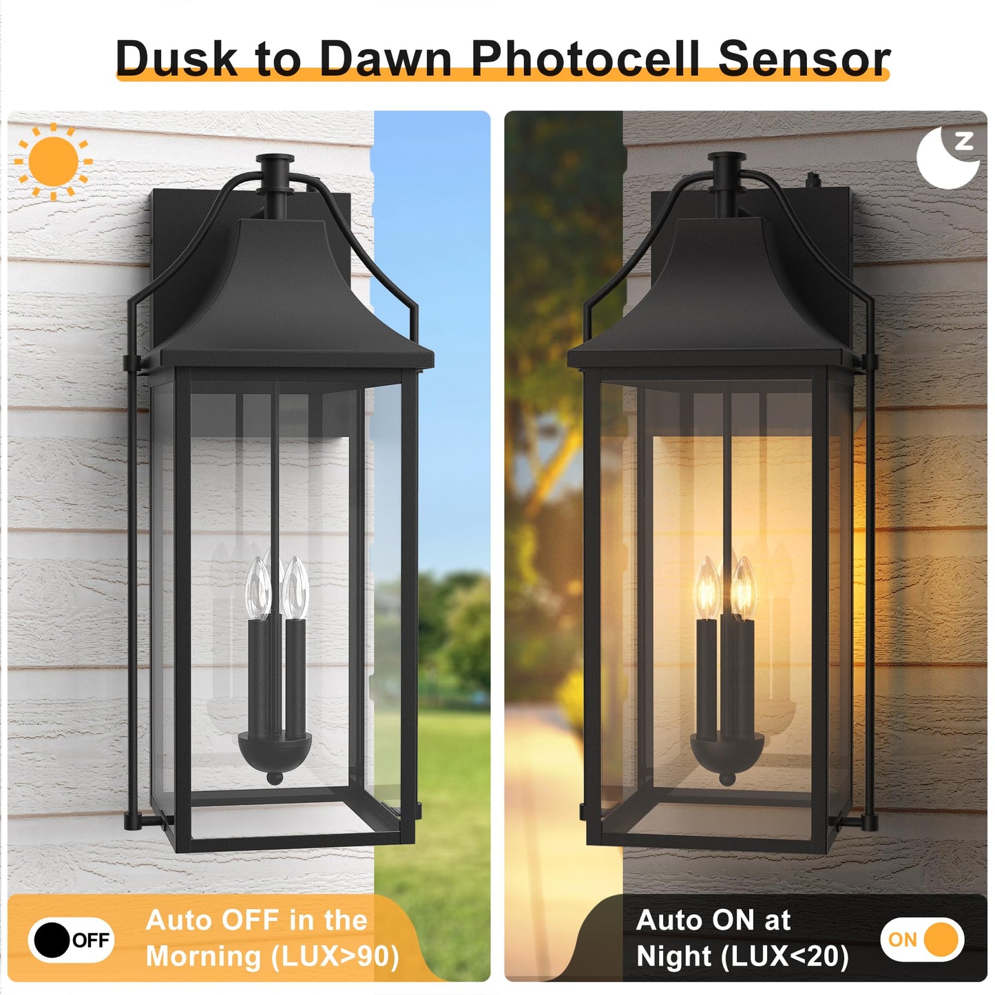Outdoor Wall Lights Fixtures, Large Size Dusk to Dawn Waterproof Exterior Lanterns, Modern Porch Sconce Wall Mounted with Glass
