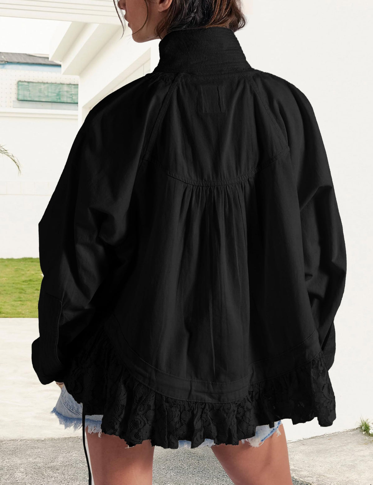 Womens Lace Trim Utility Jacket Lightweight Funnel Neck Casual Coat