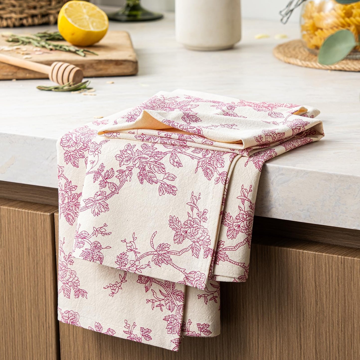 100% Cotton French Pastoral Kitchen Towels Set of 2, Decorative Flour Sack Tea Towels with Hanging Loop 18x25 Inch Absorbent Dish Cloths Farmhouse Home Decor, Brown