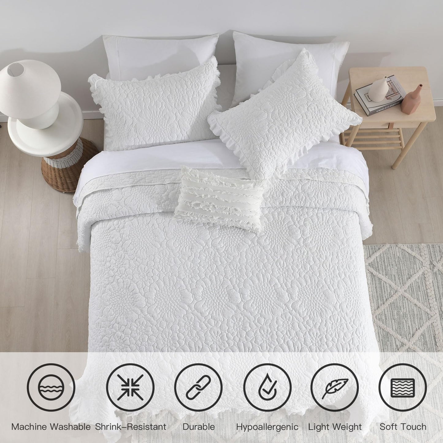 Ruffled Quilt Stone-Washed Lightweight Crinkled Shabby Chic Bedding Set