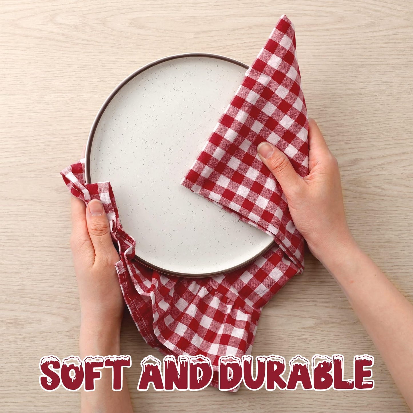 HunnmingRe Taupe Kitchen Towels Set of 2, 100% Cotton Ruffled Gingham Dish Towels 18"x28" Tea Cloths Classic Plaid Pattern for Farmhouse Charm, Drying Dishes, Entertaining Guests