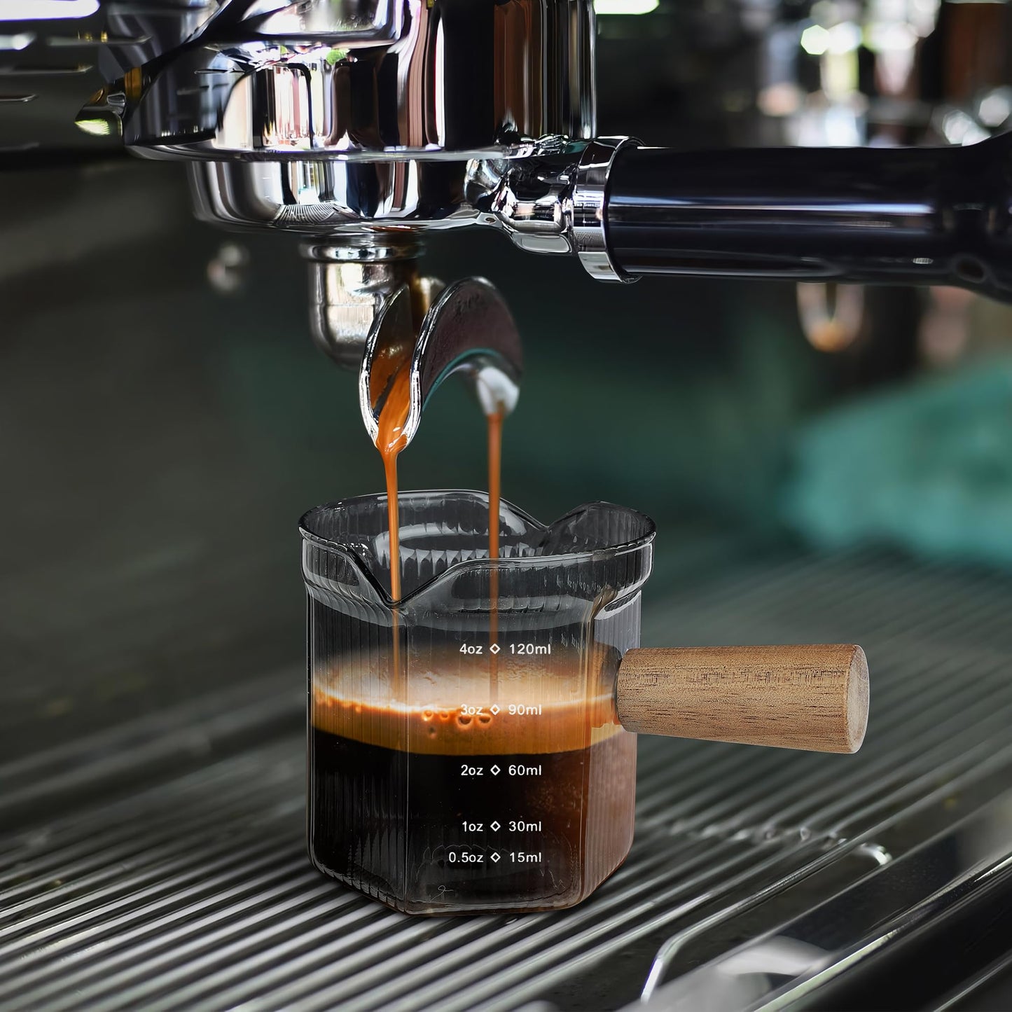 Joeyan 6 oz Glass Measuring Cups with Spout,Borosilicate Glass Triple Pitcher with Scale,Origami Style Espresso Shot Glasses with Wood Handle for Coffee Milk,Dishwasher Safe