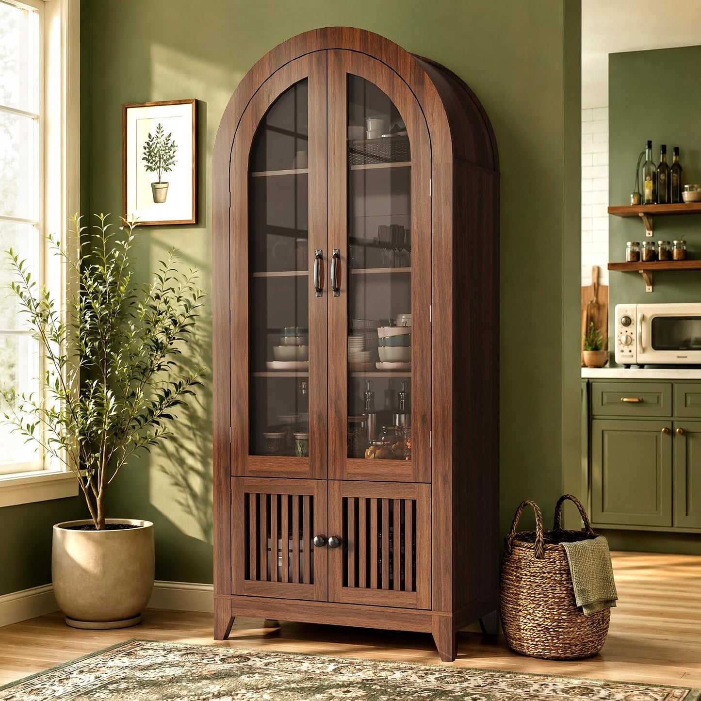 Tall Arched Storage Cabinet with Glass Door