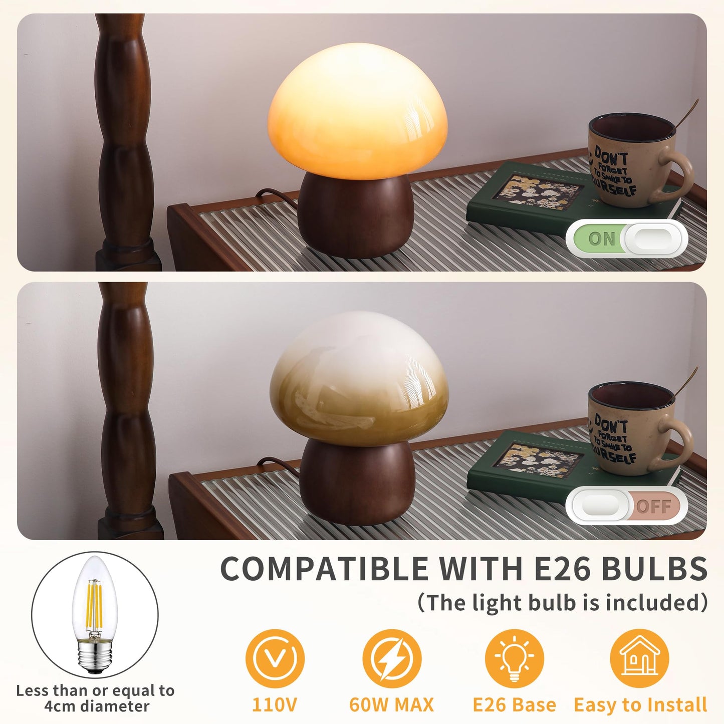 Brass Base Mushroom Table Lamp for Bedroom, Small Desk Lamp with Amber Glass Shade, LED Three Color Temperature Adjustable Brightness Modern Side Table Lighting (H 15.4 in)