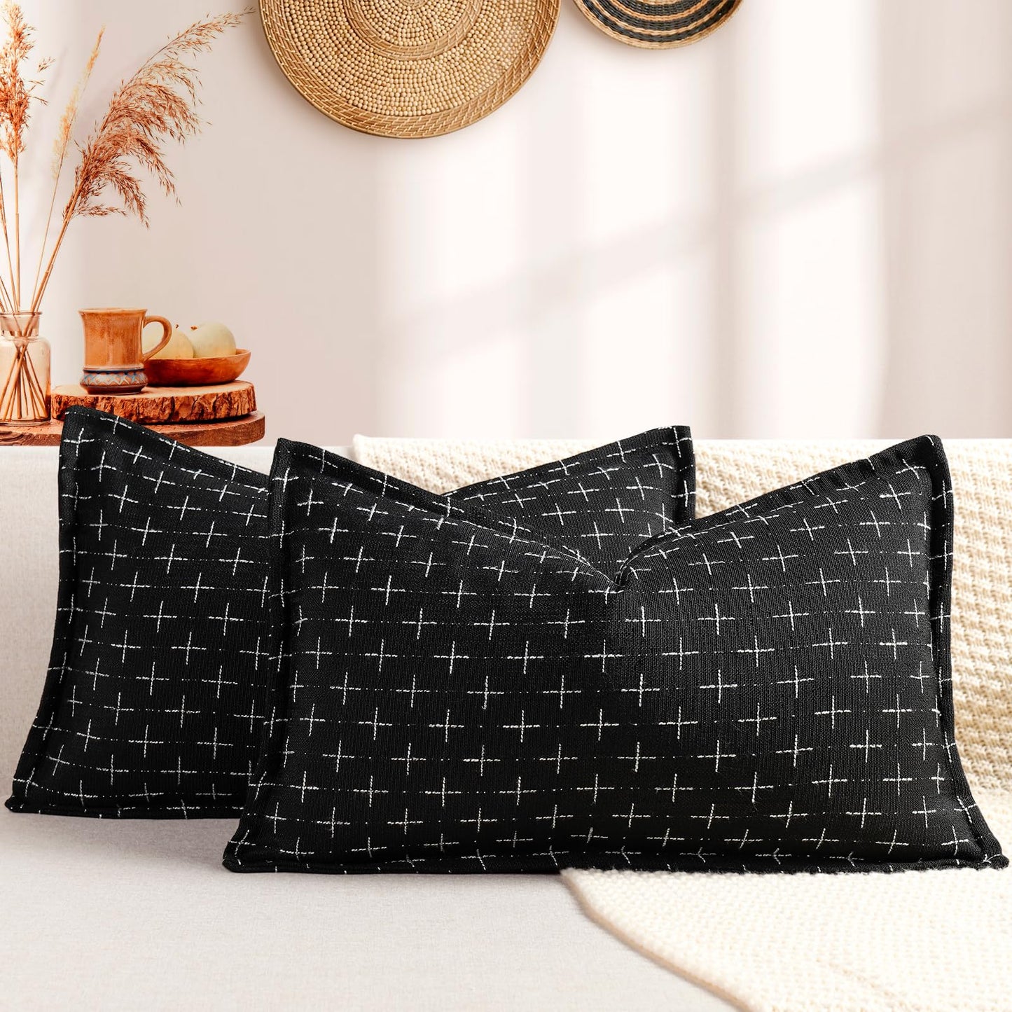 ZWJD Pillow Covers 18x18 Set of 2 Soft Polyester Textured Pillow Covers with Stylish Flange Edge Cozy Farmhouse Throw Pillows for Couch Bed Sofa Living Room