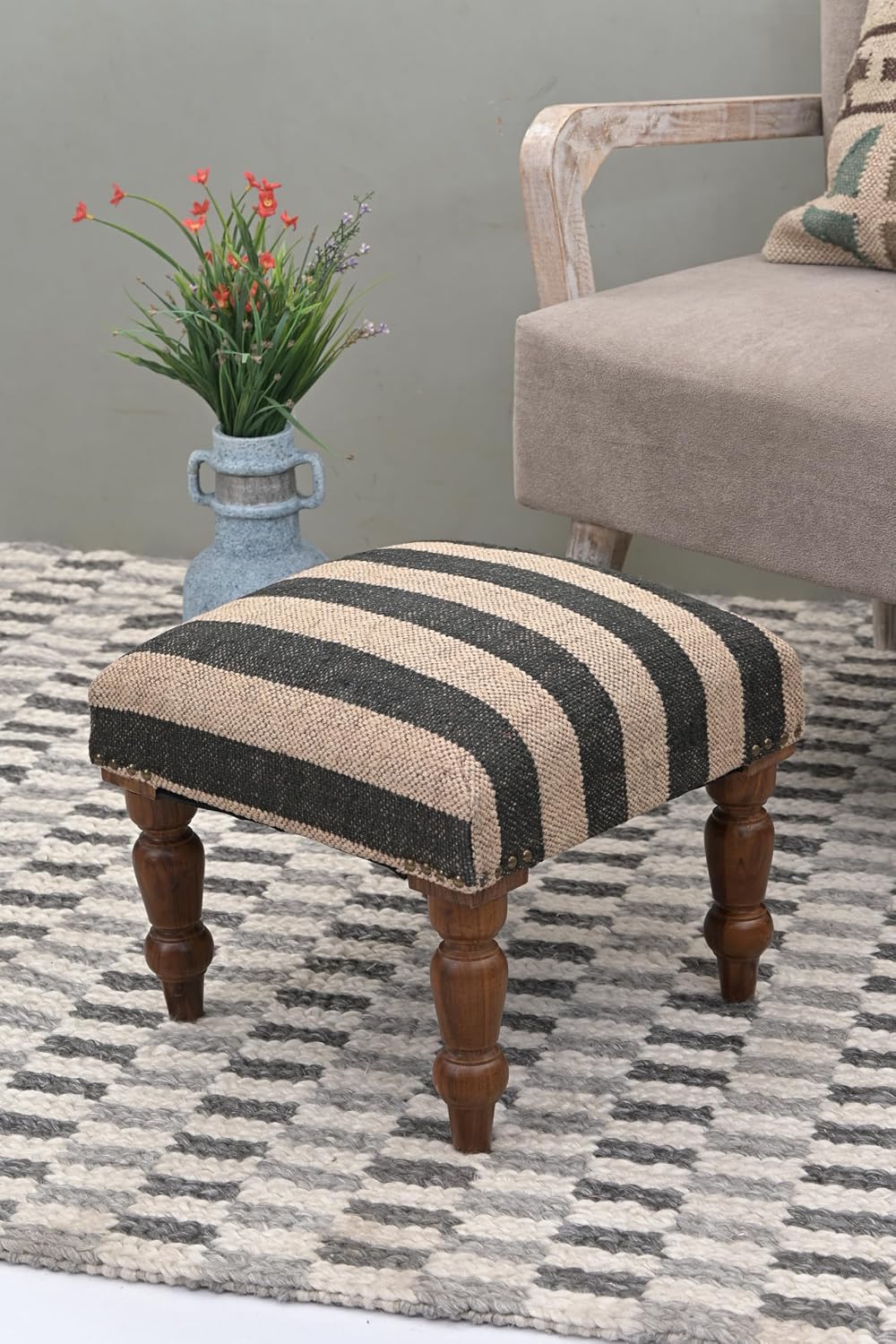 Handmade Jute Ottoman Stool with Wooden Legs