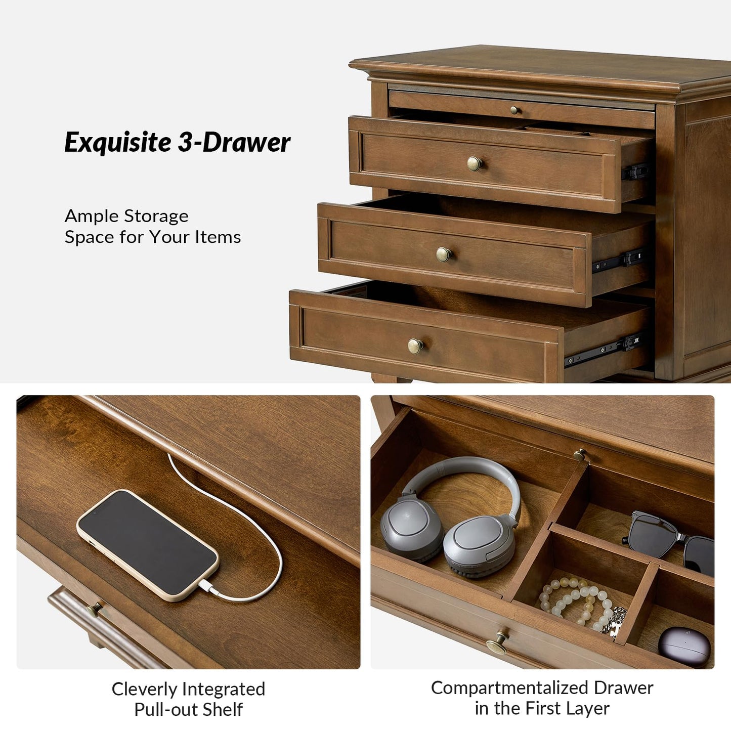 Solid Wood 3 Drawer End Table with Tray