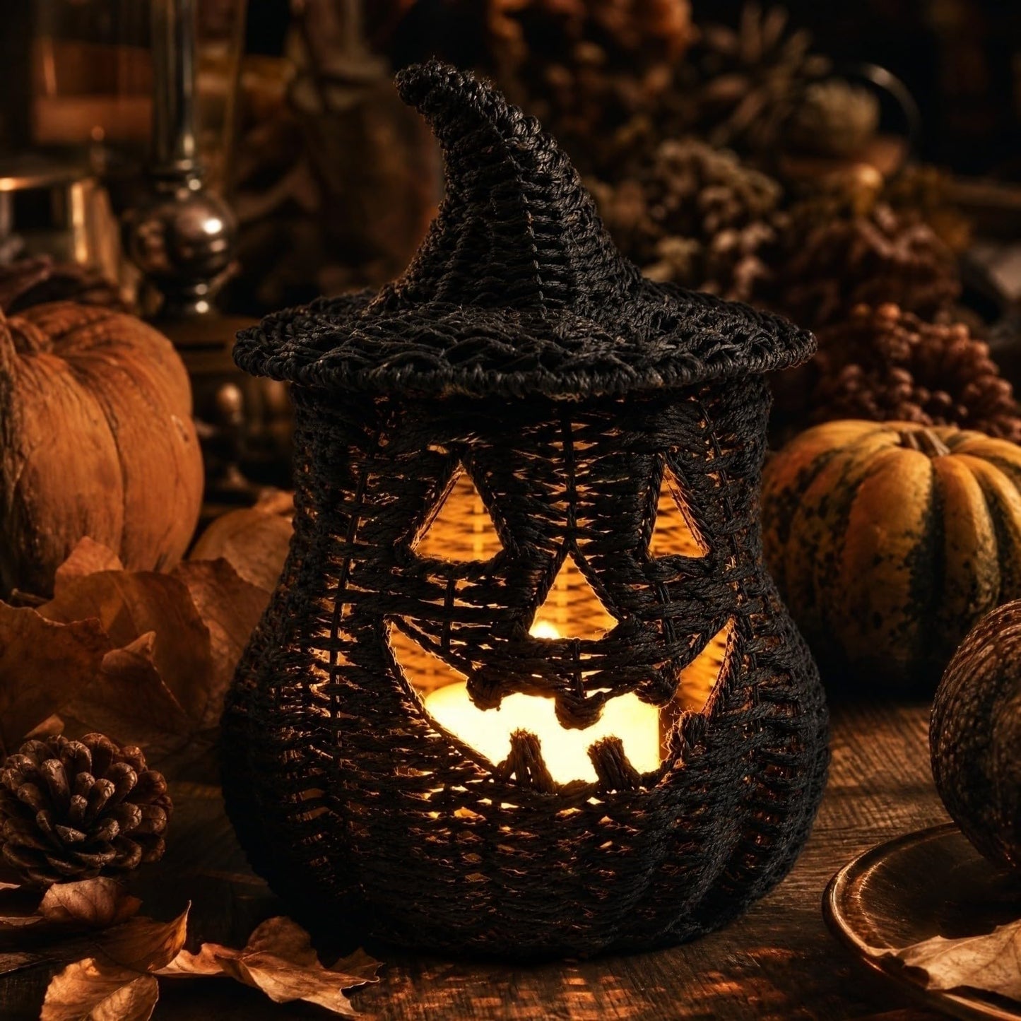 Rattan Lantern Pumpkin Candle Holder with Witch Hat Shape Lid
