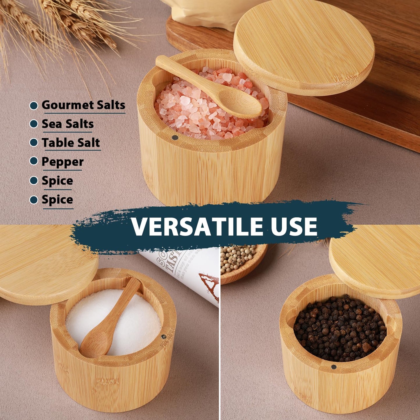 Timtopno Salt Cellar, Acacia Wood Salt Container with Built-in Spoon & Swivel Lid, Engraved SALT Box, Salt Holder Bowl for Countertop Seasoning Storage