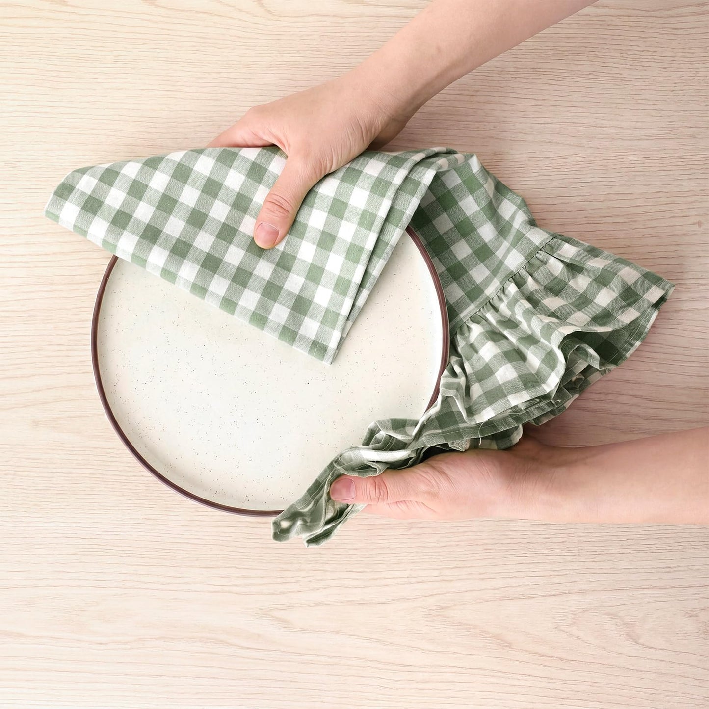 HunnmingRe Taupe Kitchen Towels Set of 2, 100% Cotton Ruffled Gingham Dish Towels 18"x28" Tea Cloths Classic Plaid Pattern for Farmhouse Charm, Drying Dishes, Entertaining Guests