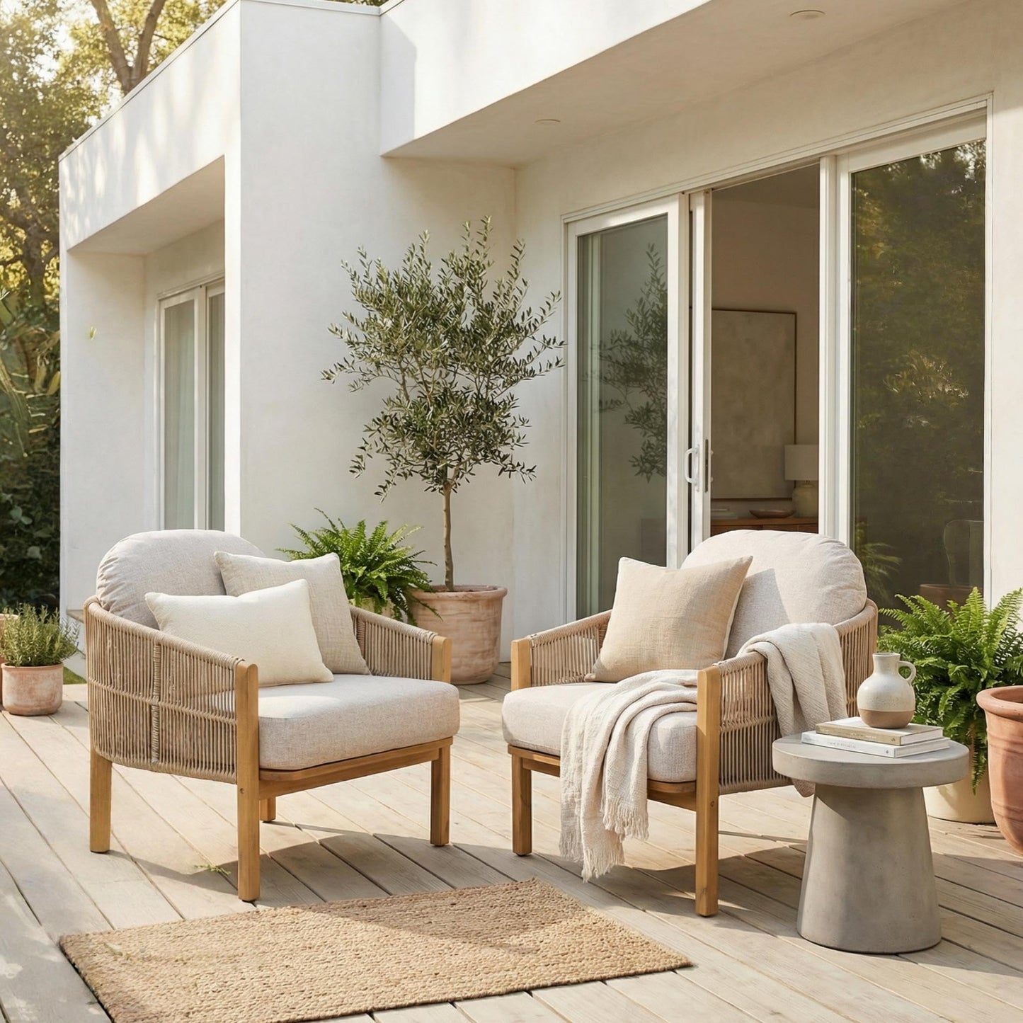 Merax Patio Chairs Set of 2, Acacia Wood Outdoor Club Chair with Cozy 5.75" Thick Cushion & Rope-Weave Backrest, Bohe Style Patio Dining Armchair Chairs for Garden Balcony Outside Dining Relax, Beige