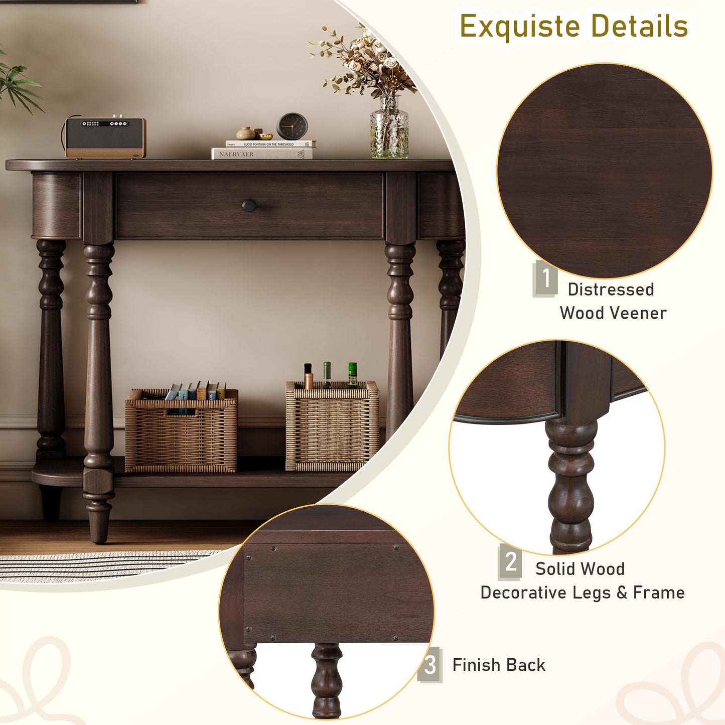 36-Inch Retro Console Sofa Table with Drawer & Storage Shelf