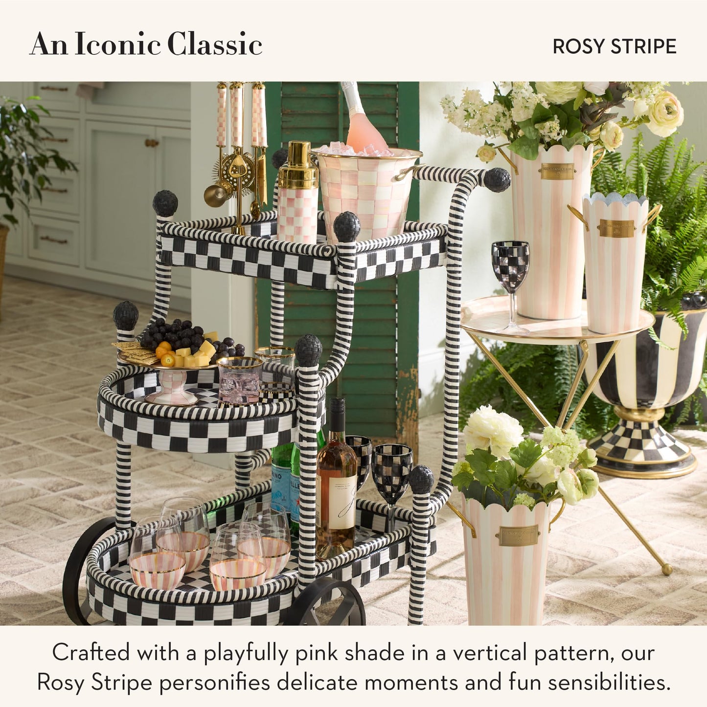 MACKENZIE-CHILDS Set of 3 Galvanized Flower Buckets, Decorative Metal Buckets, Black-and-White Courtly Stripe