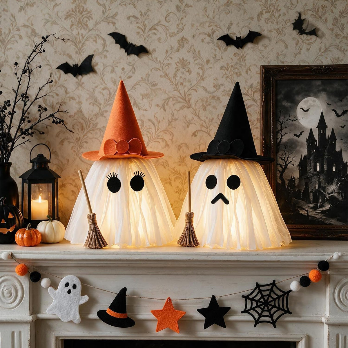 Halloween Decorations – Set of 2 Light-Up Ghosts with Witch Hats
