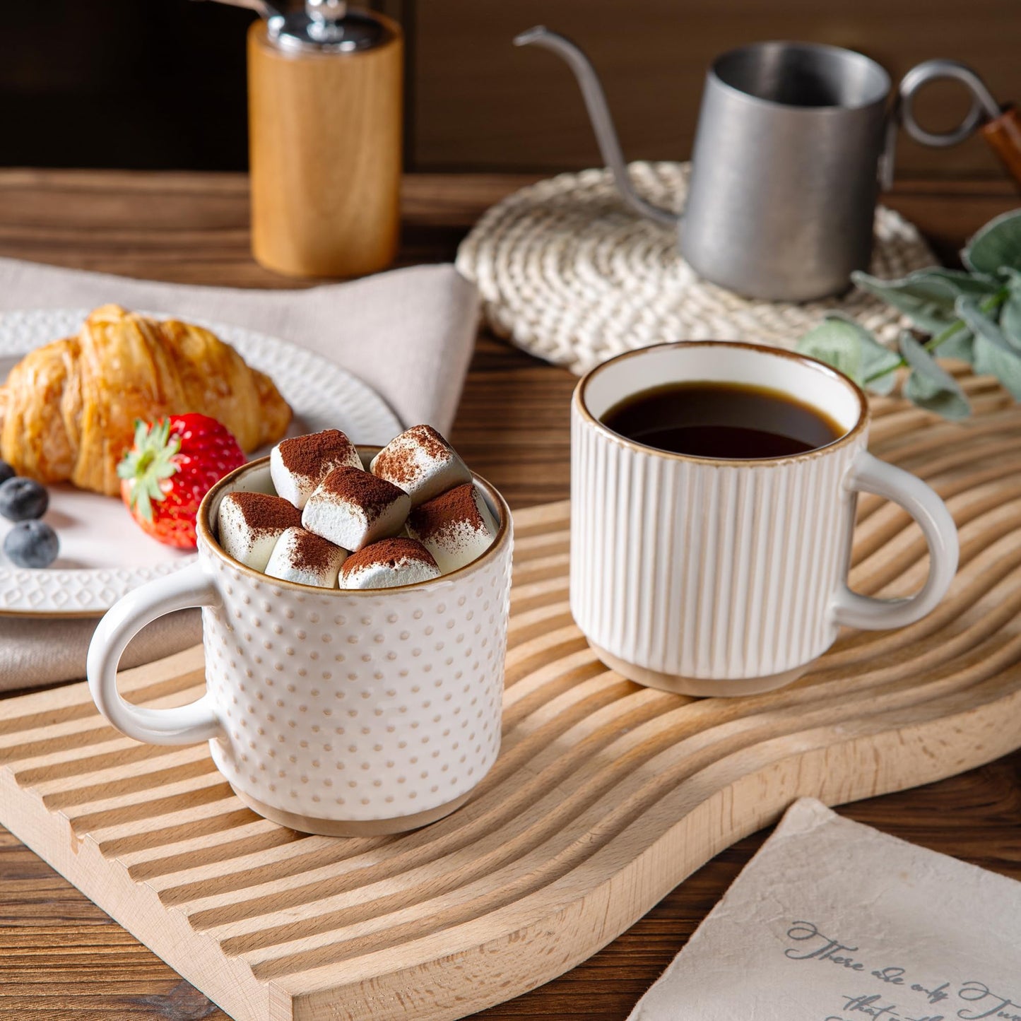 GBhome 12OZ Stackable Coffee Mugs, Ceramic Coffee Mugs with Texture Patterns for Man,Woman,Dad,Mom, Modern Coffee Mugs Set of 4 for Latte/Cappuccino/Cocoa. Dishwasher&Microwave Safe, Pale Khaki