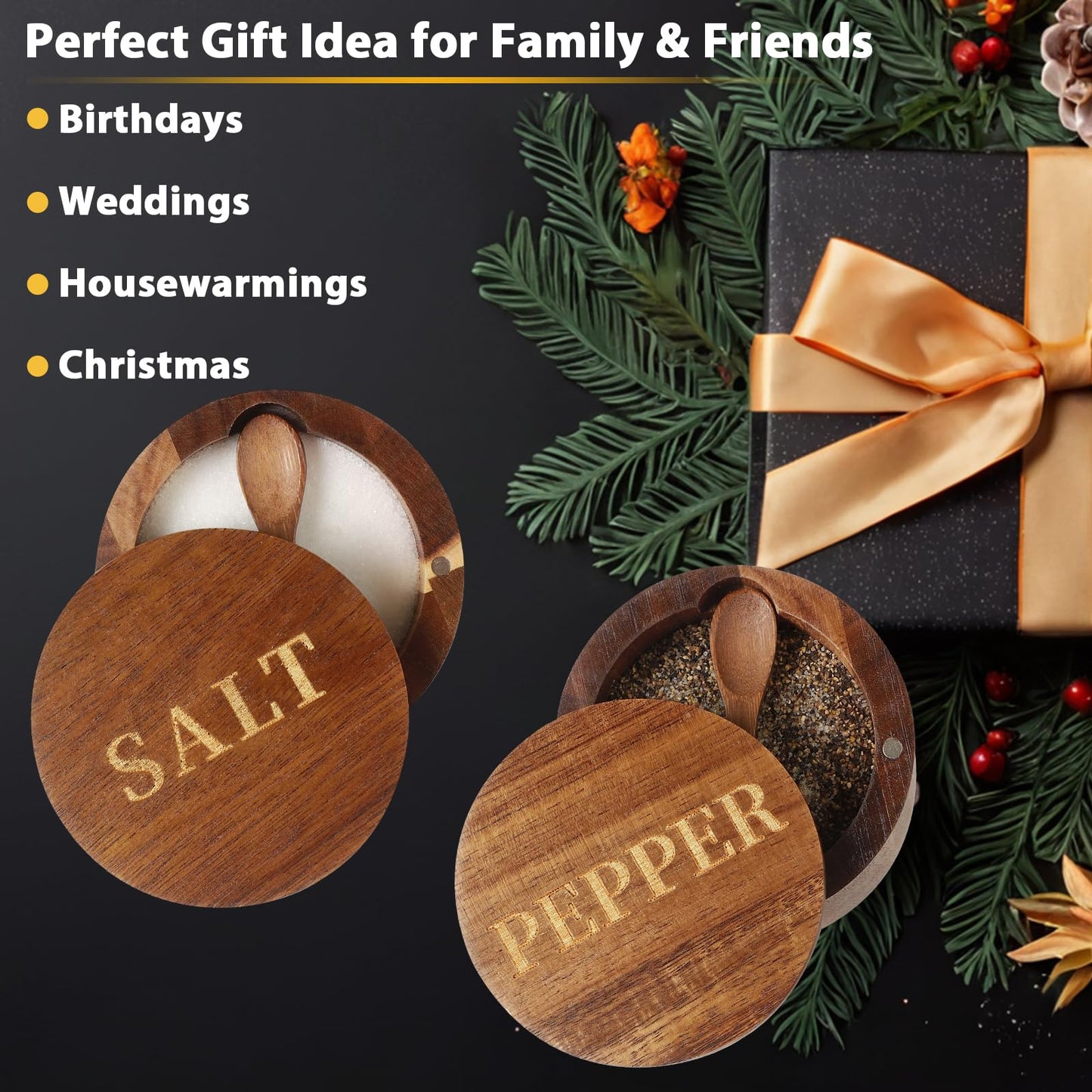Timtopno Salt Cellar, Acacia Wood Salt Container with Built-in Spoon & Swivel Lid, Engraved SALT Box, Salt Holder Bowl for Countertop Seasoning Storage