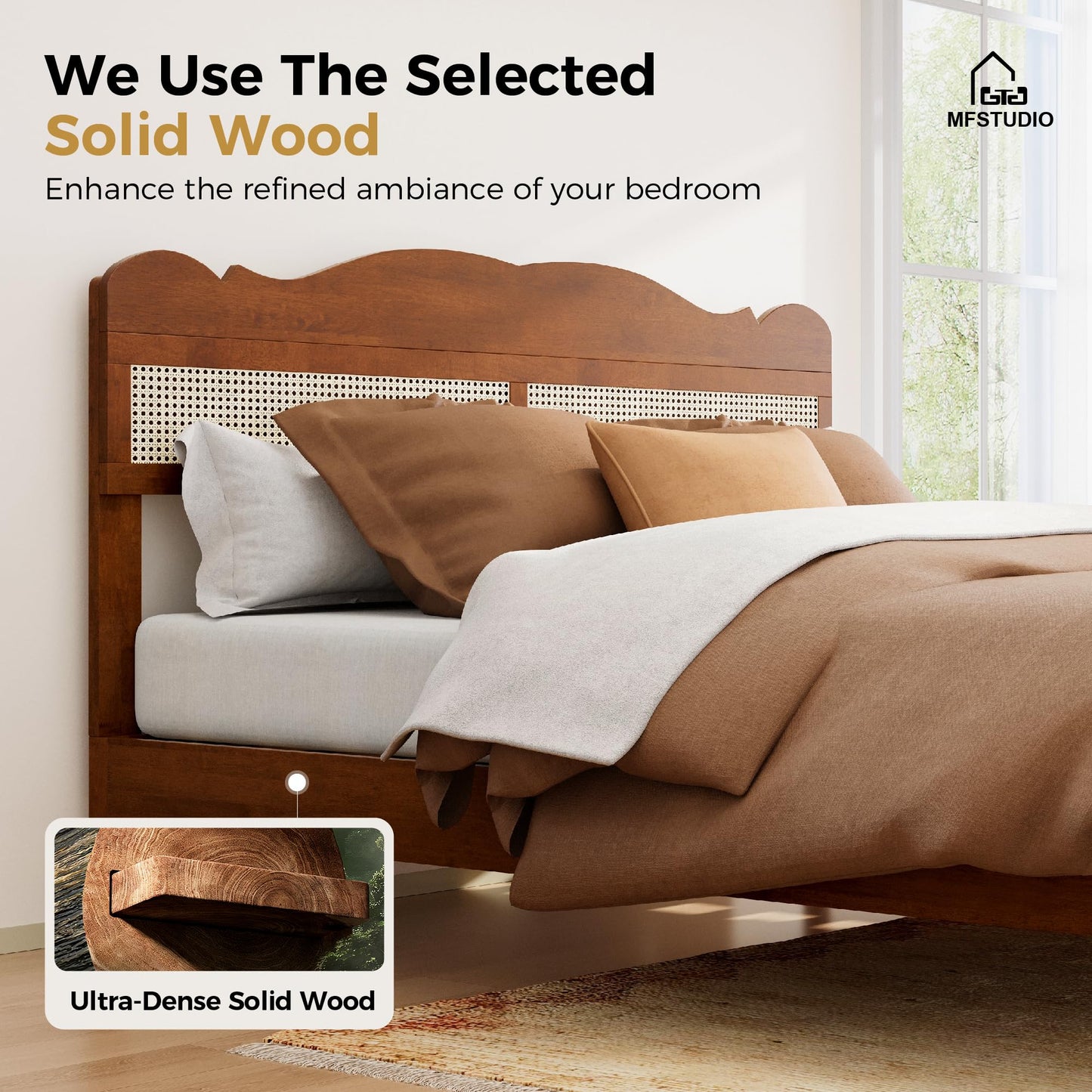 King Wood Bed Frame with Rattan Headboard
