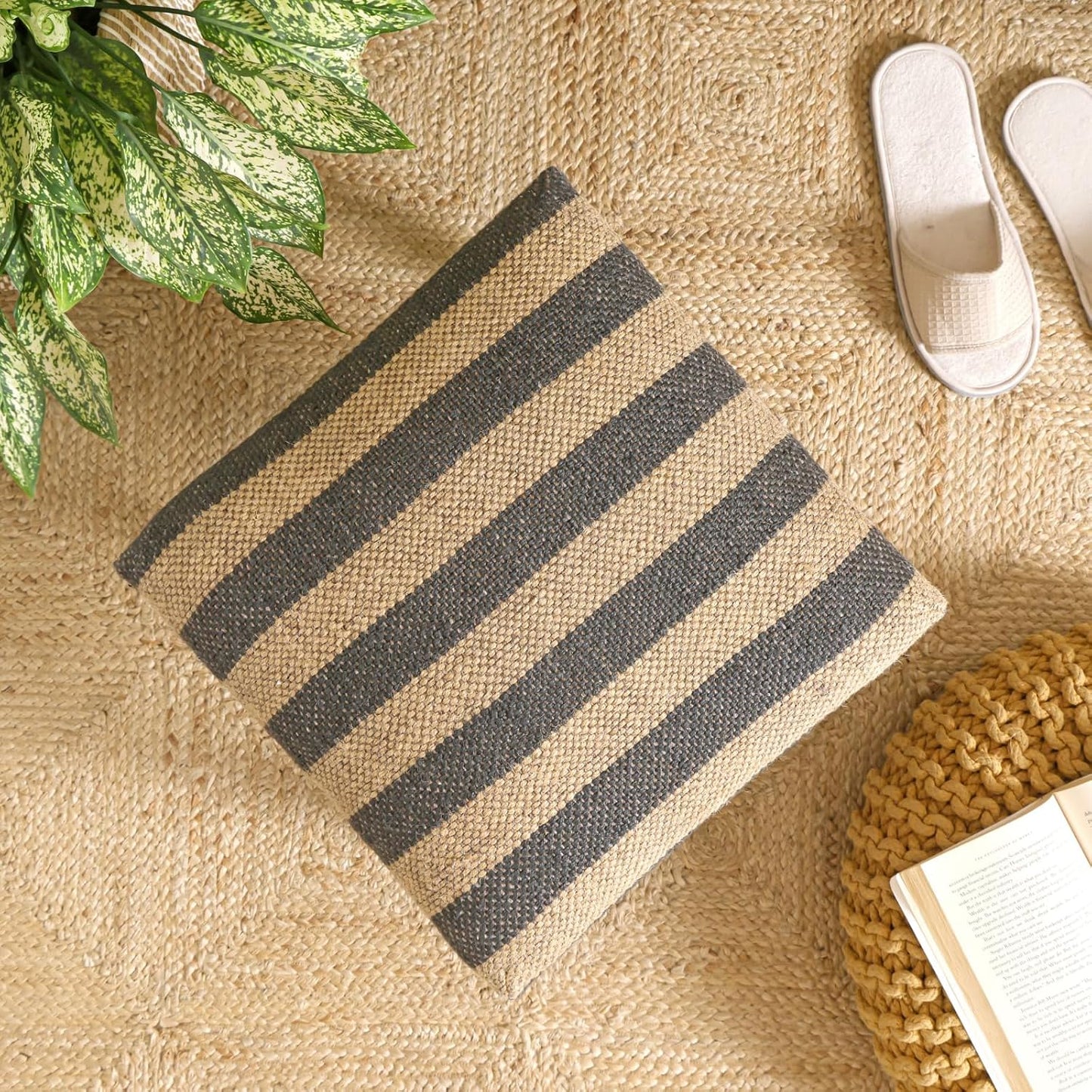 Handmade Jute Ottoman Stool with Wooden Legs