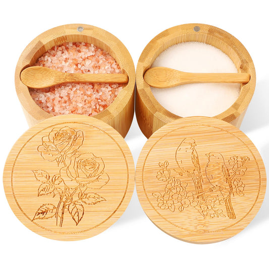 Acacia Wood Salt Container with Built-in Spoon & Swivel Lid