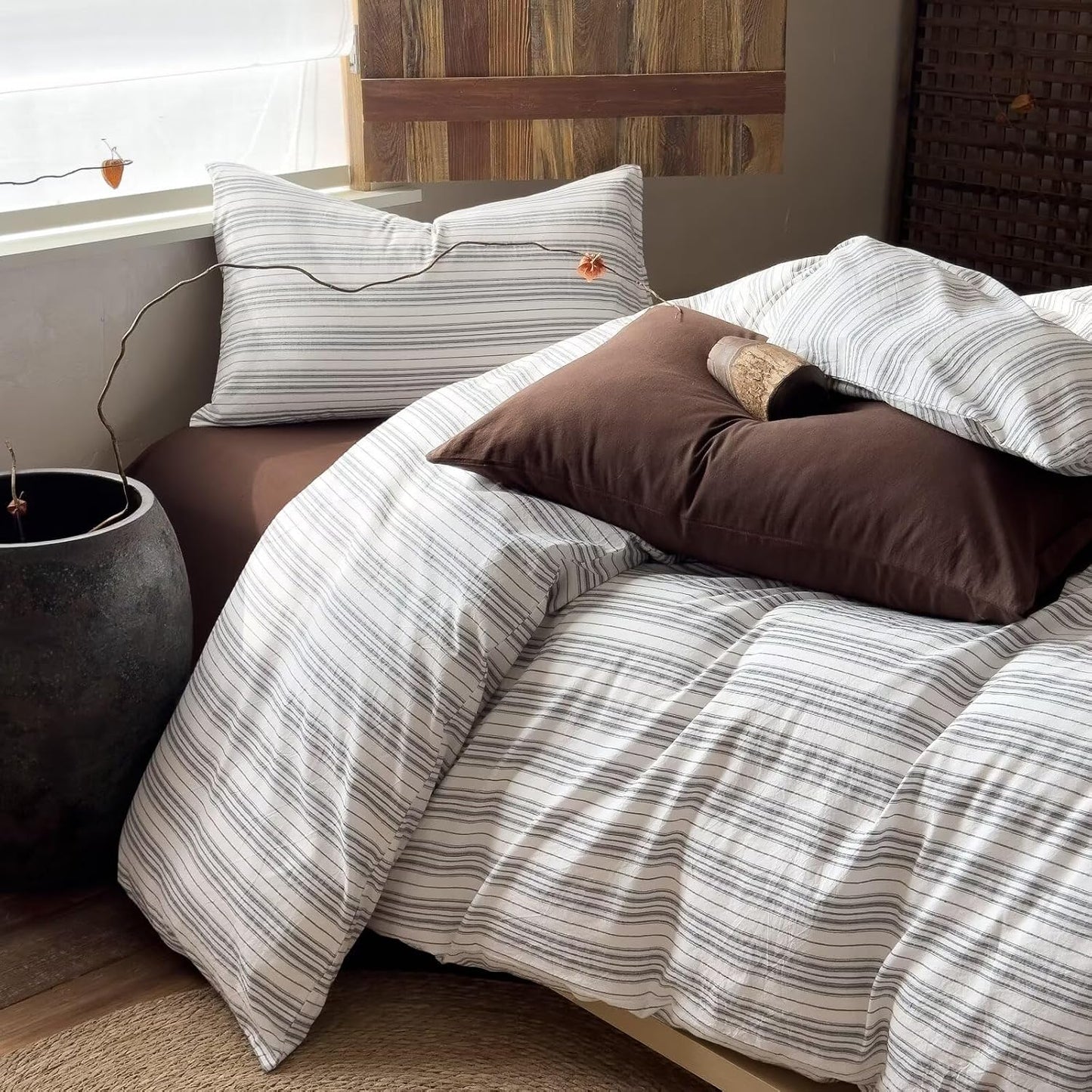 Duvet Cover Set - Brown Plaid Gingham Comforter Cover with Zipper Closure