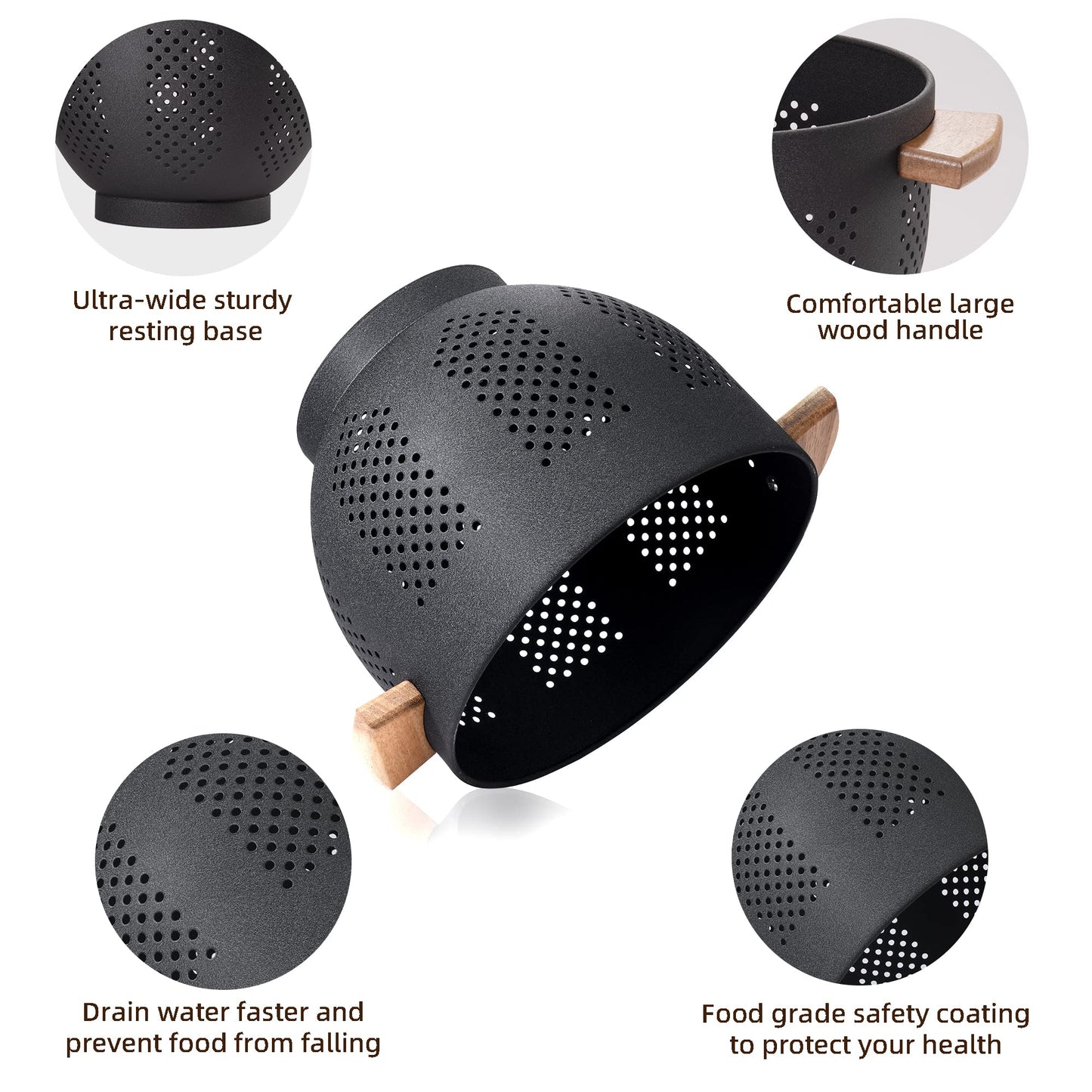 Metal Colander with Wood Handle and Stable Base, Powder Coated Steel Kitchen Strainer Basket for Draining Pasta, Vegetable and fruit(7quart,Sandyellow)