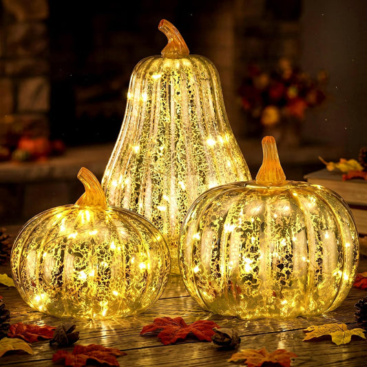 3 Pack Fall Glass Pumpkin with Light
