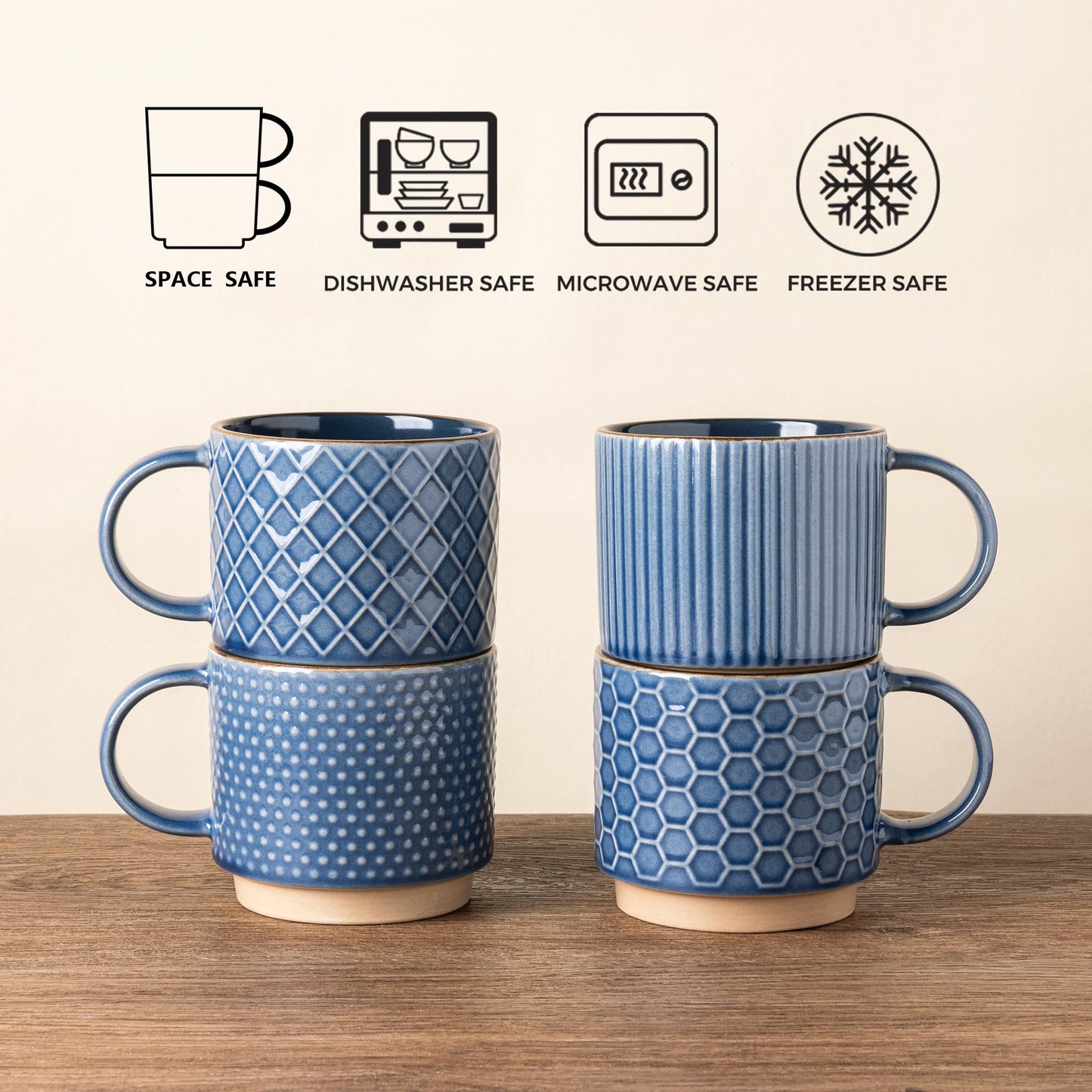 GBhome 12OZ Stackable Coffee Mugs, Ceramic Coffee Mugs with Texture Patterns for Man,Woman,Dad,Mom, Modern Coffee Mugs Set of 4 for Latte/Cappuccino/Cocoa. Dishwasher&Microwave Safe, Pale Khaki