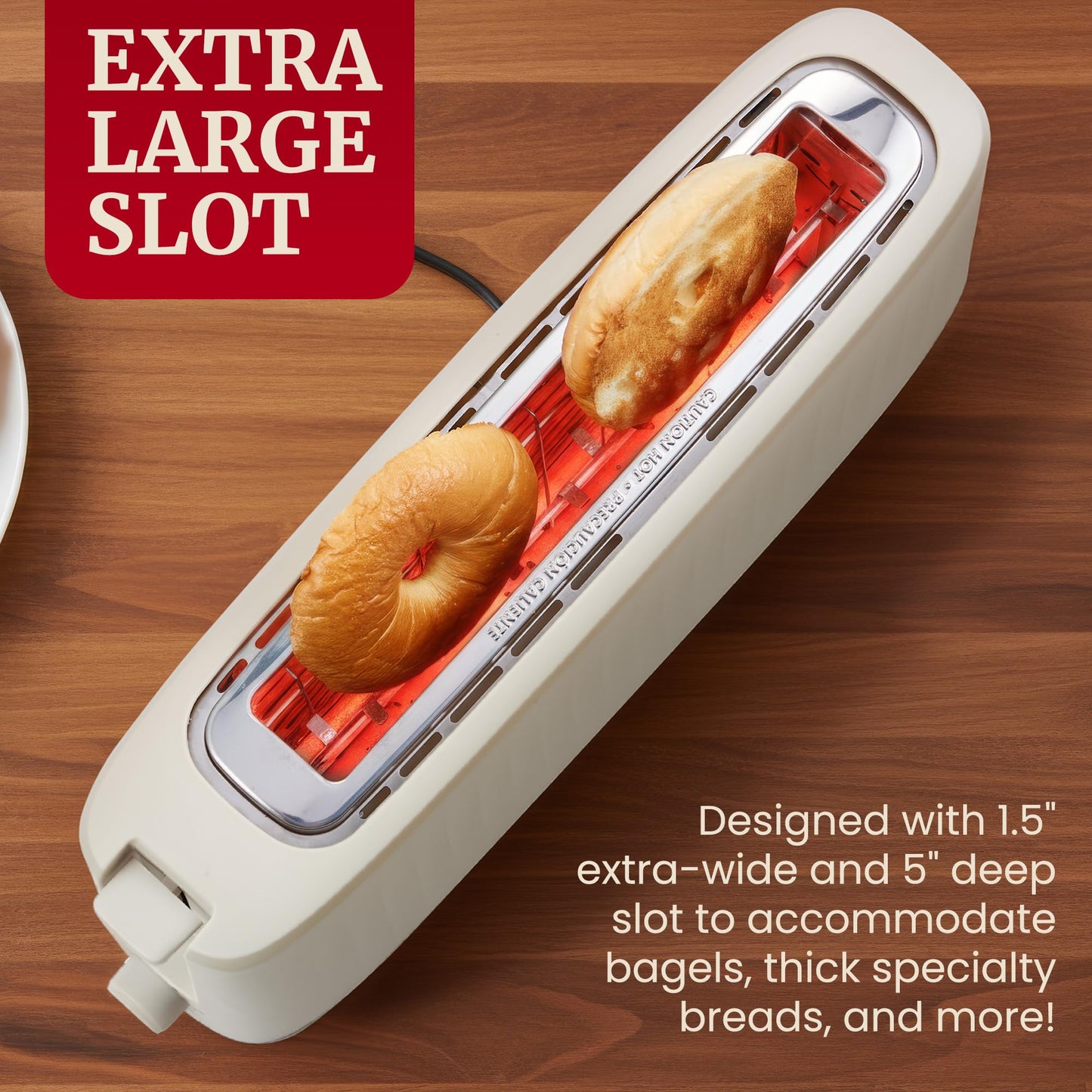 Elite Gourmet ECT2517C SLIMTOAST™ 2-Slice Long Slot Toaster, Cool-Touch Body, 6 Browning Shades, Extra-Wide 1.5" Slot for Artisan Bread, Bagels, Waffles & English Muffins, Cremello