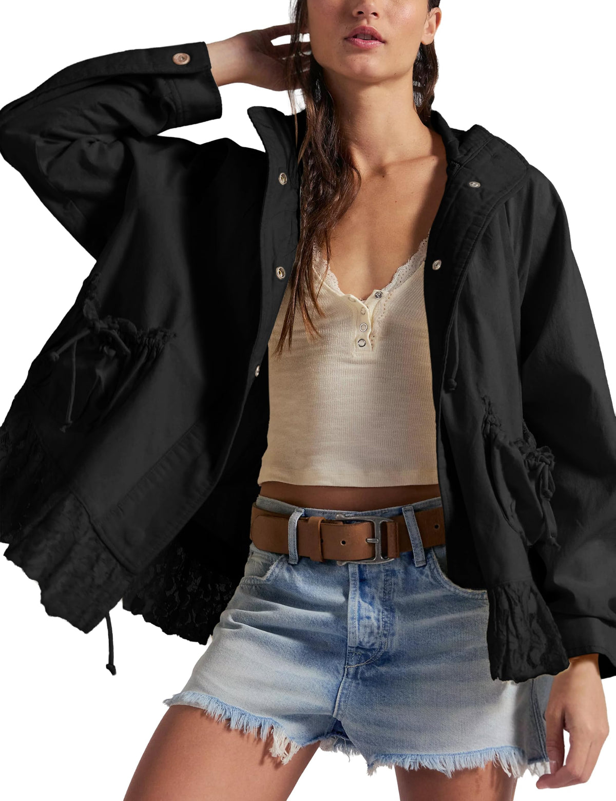 Womens Lace Trim Utility Jacket Lightweight Funnel Neck Casual Coat