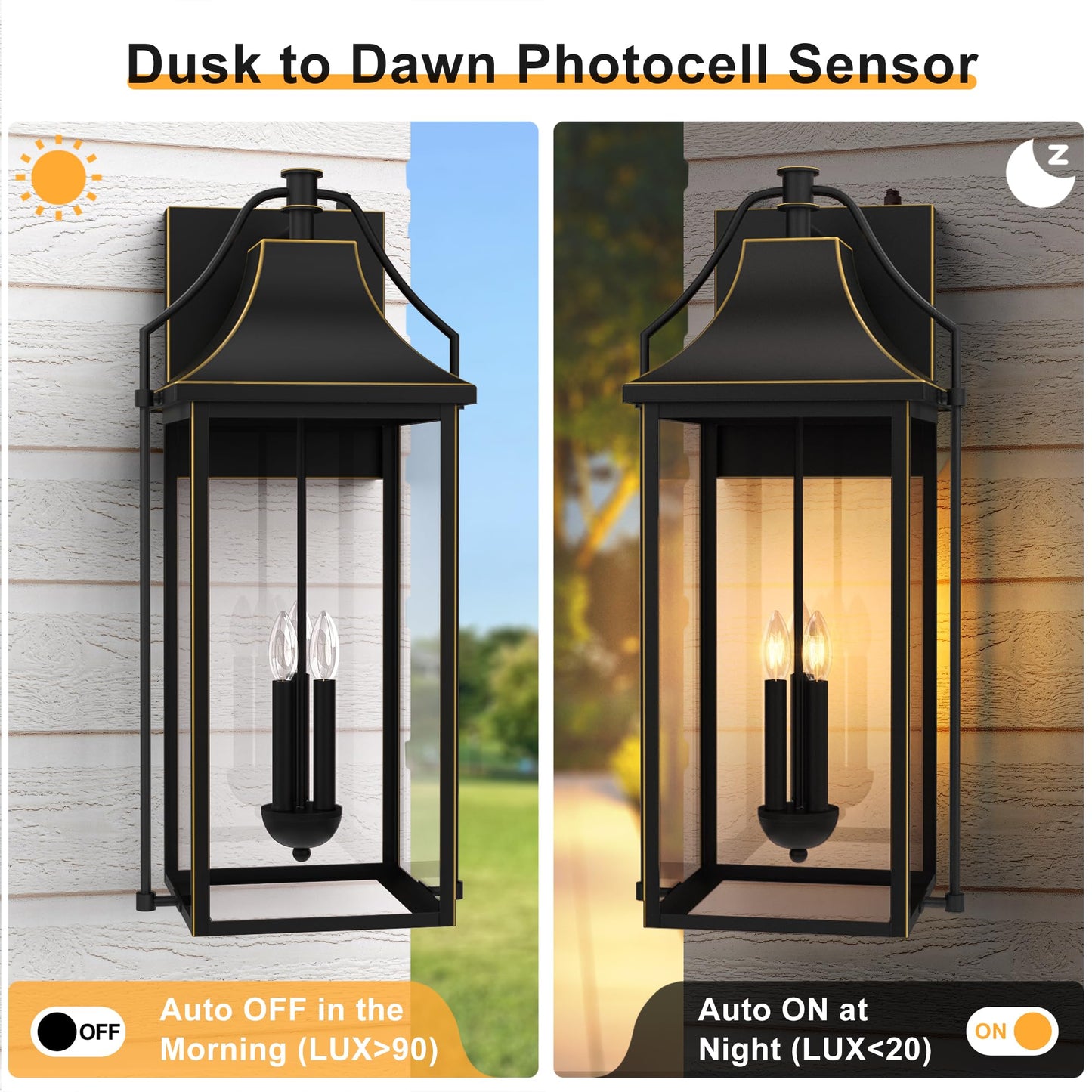 Outdoor Wall Lights Fixtures, Large Size Dusk to Dawn Waterproof Exterior Lanterns, Modern Porch Sconce Wall Mounted with Glass