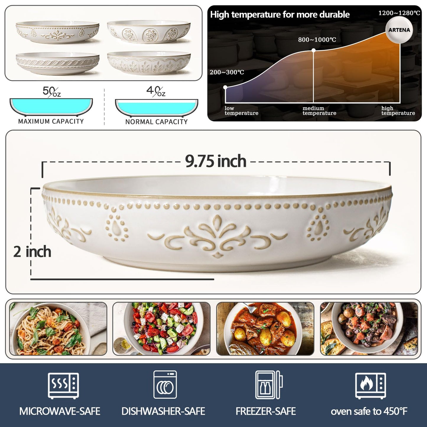 Artena Pasta Bowls, 50oz Large Salad Serving Bowls, 9.75'' Plates Bowl Set of 4, Big White Ceramic Soup Bowl for Kitchen, Embossment Shallow Dinner Bowl, Microwave Dishwasher Safe, Damask Floral