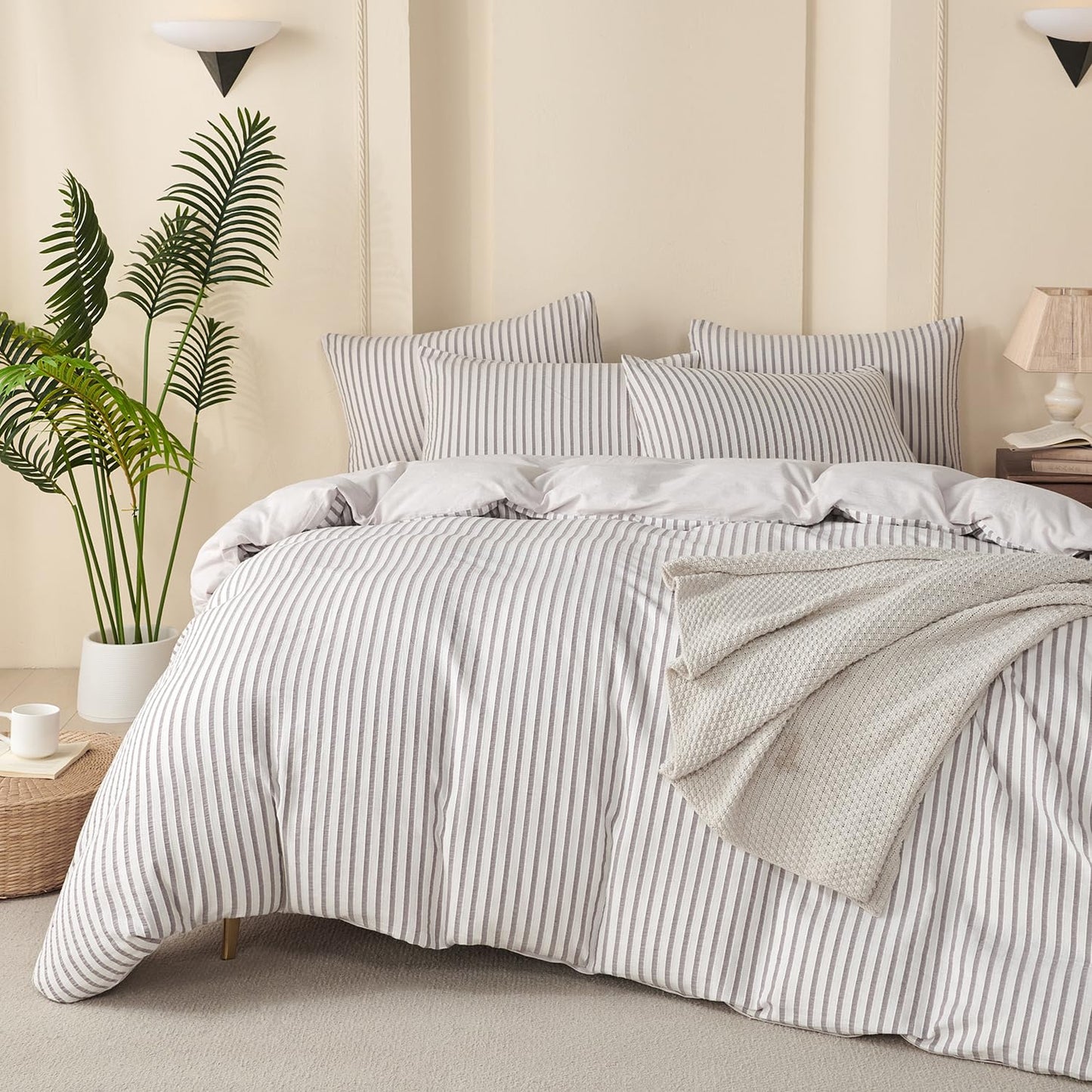 Striped Duvet Cover Queen Beige Washed Microfiber Jacquard 3 Pieces Bedding Set, White Beige Vertical Ticking Stripes Pattern Comforter Cover with Zipper Closure Breathable Durable Soft Comfy