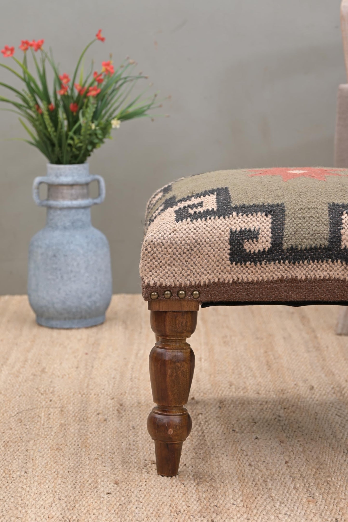 Handmade Jute Ottoman Stool with Wooden Legs