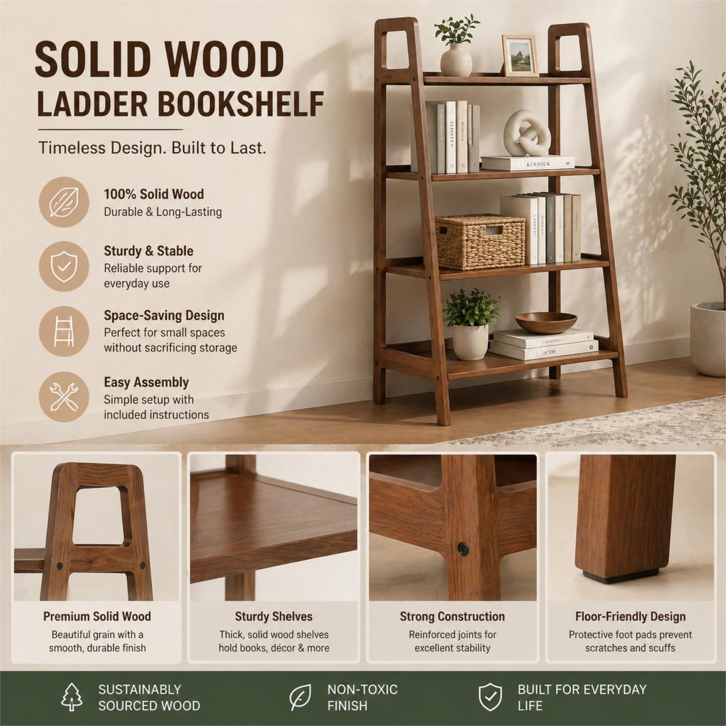 Solid Oak 3 Tier Ladder Bookshelf