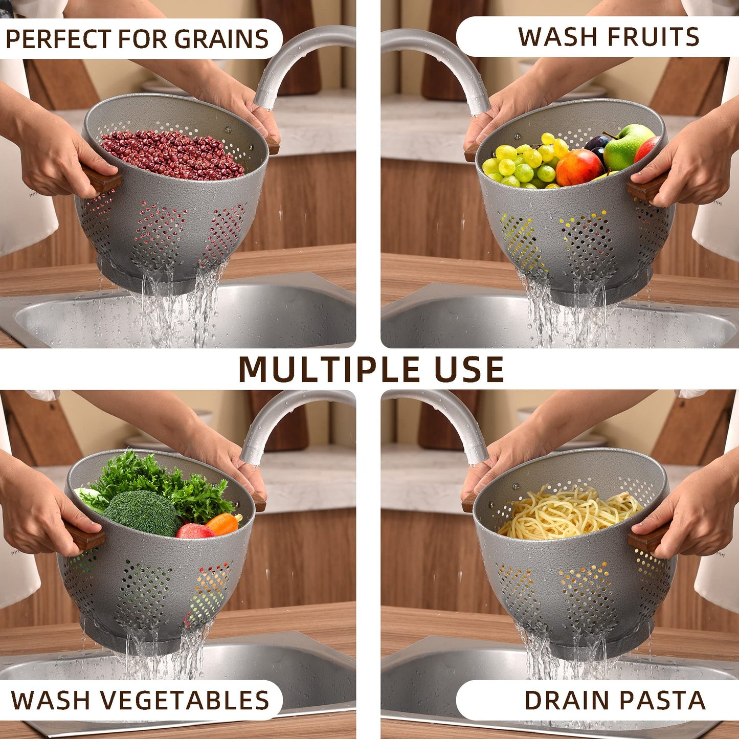 Metal Colander with Wood Handle and Stable Base, Powder Coated Steel Kitchen Strainer Basket for Draining Pasta, Vegetable and fruit(7quart,Sandyellow)