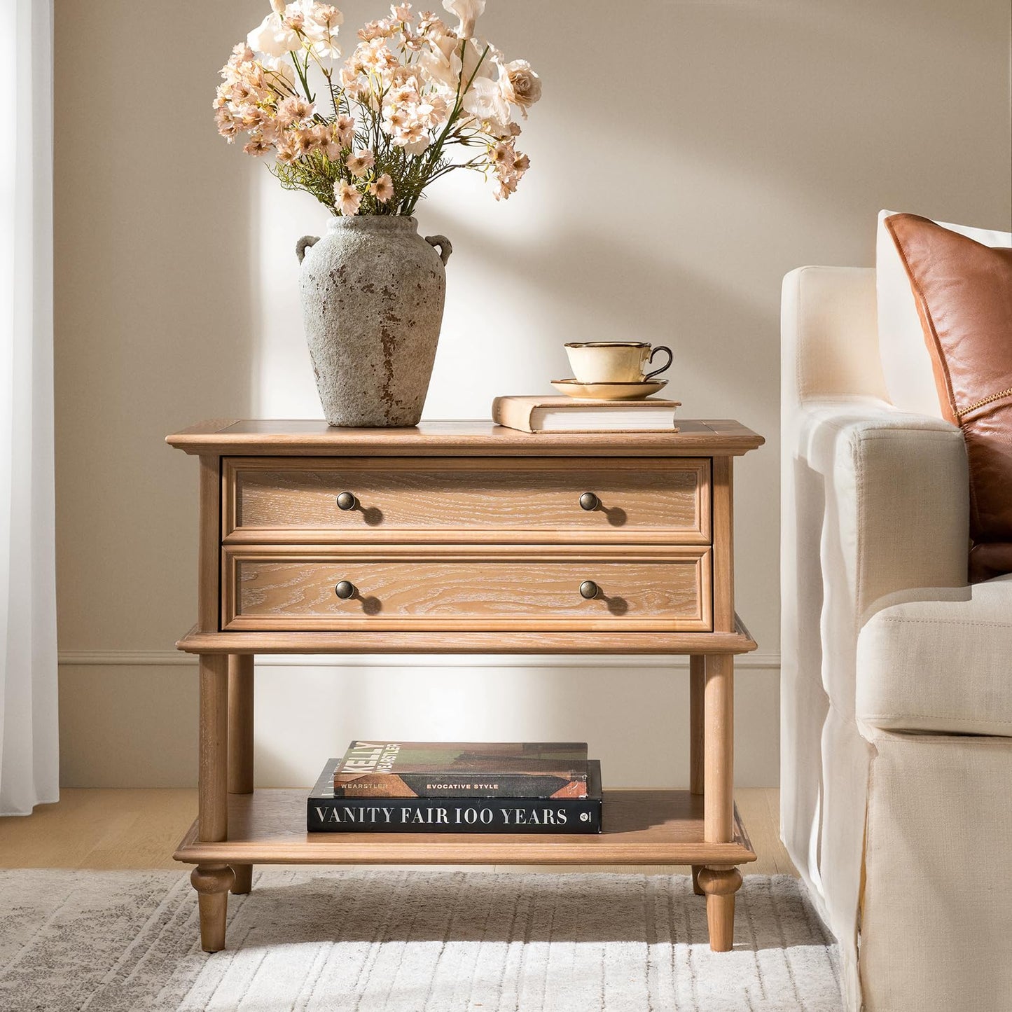 Natural Wood Nightstand with Drawer & Open Shelf