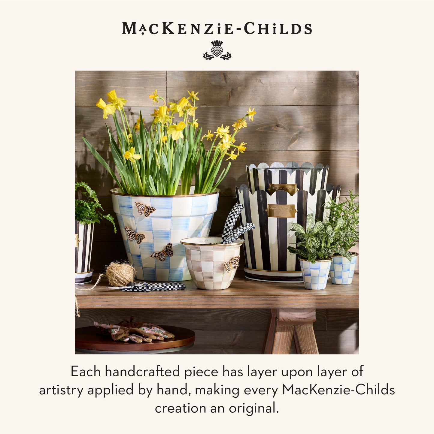 MACKENZIE-CHILDS Flowerpot, Decorative Garden Pot for Growing Plants, Brown-and-White Mocha Check
