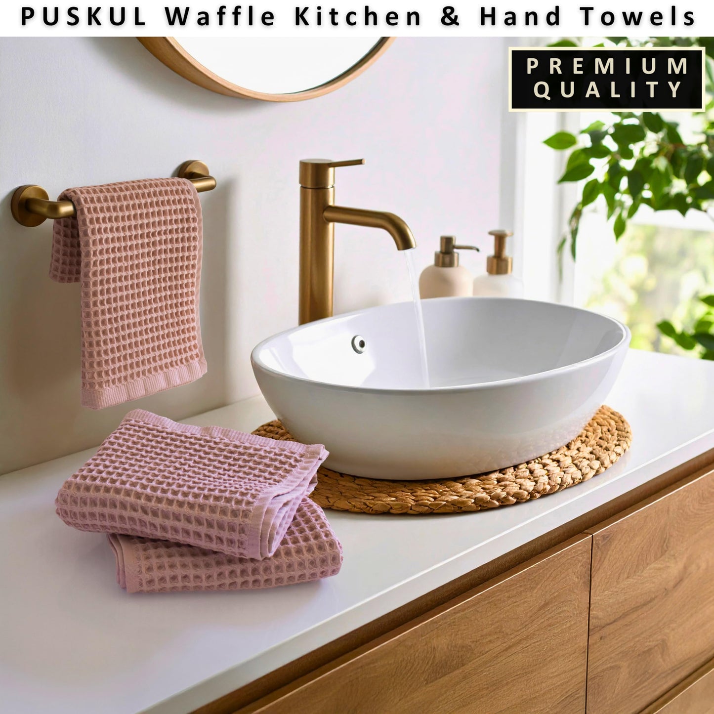 PÜSKÜL Organic Waffle Kitchen Towel Pure 100% Turkish Cotton Set of 3 Natural Raw-Undyed Towel - Premium Quality Soft Quick-Dry Absorbent Lint-Free Hand & Dish Towels Large 32X16 (3, Natural Beige)