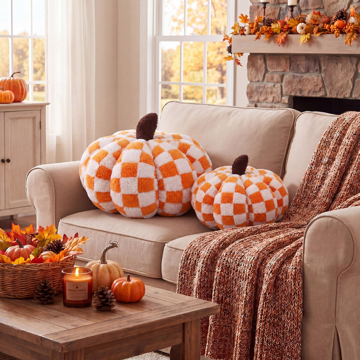 2 Pcs Pumpkin Pillows Brown White Checkerboard