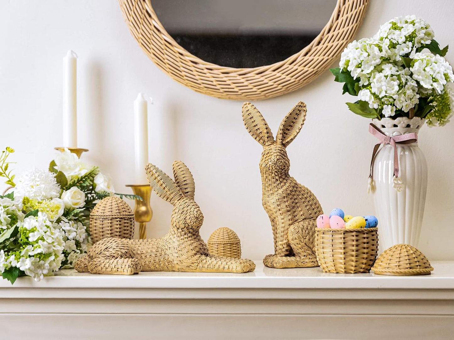 Easter Decorations for Home – 5 Pieces Rattan Effect Bunny & Egg Set, Easter Bunny Figurines with Rattan Decor Style for Easter Table Decor & Spring Home Decorations