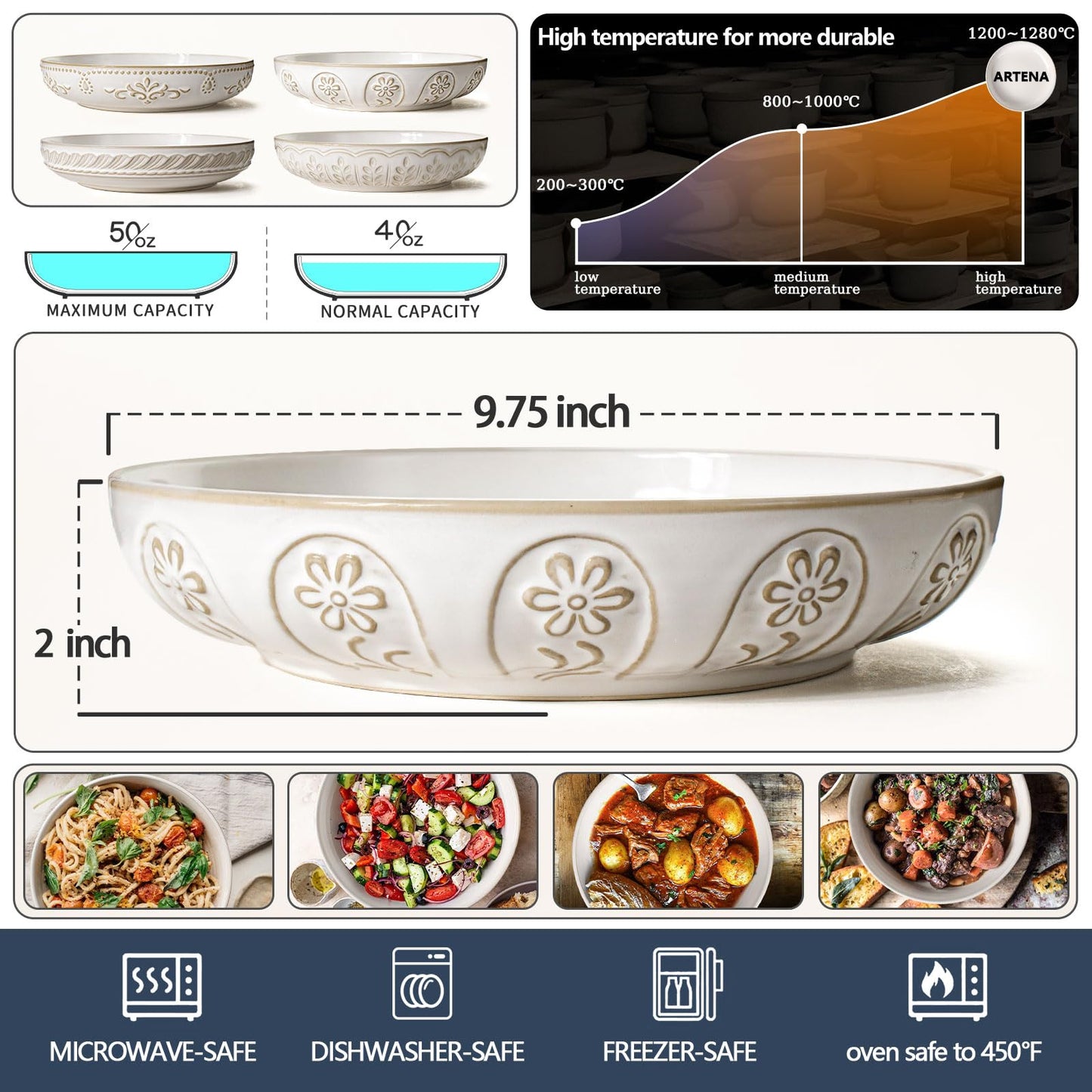 Artena Pasta Bowls, 50oz Large Salad Serving Bowls, 9.75'' Plates Bowl Set of 4, Big White Ceramic Soup Bowl for Kitchen, Embossment Shallow Dinner Bowl, Microwave Dishwasher Safe, Damask Floral
