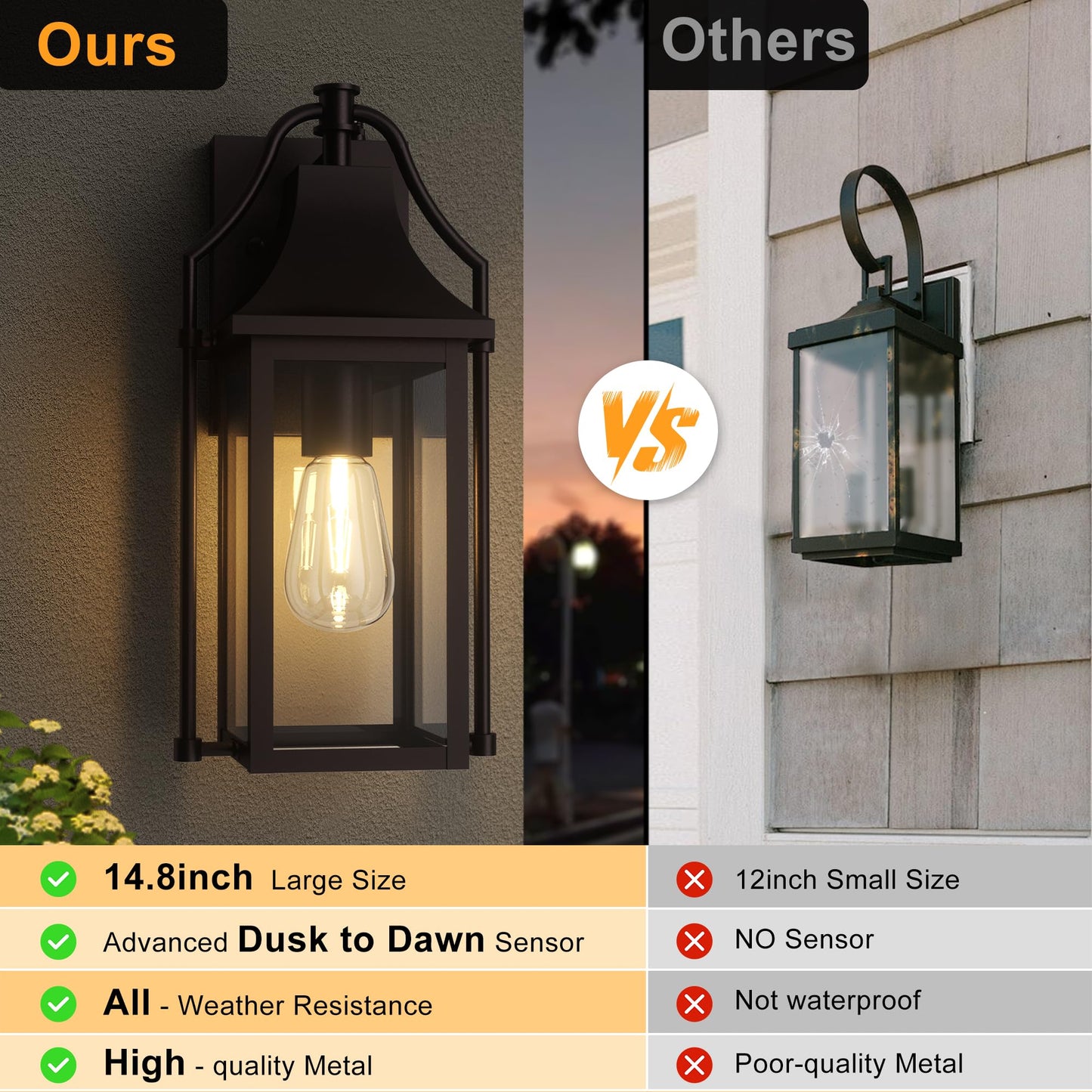 Outdoor Wall Lights Fixtures, Large Size Dusk to Dawn Waterproof Exterior Lanterns, Modern Porch Sconce Wall Mounted with Glass