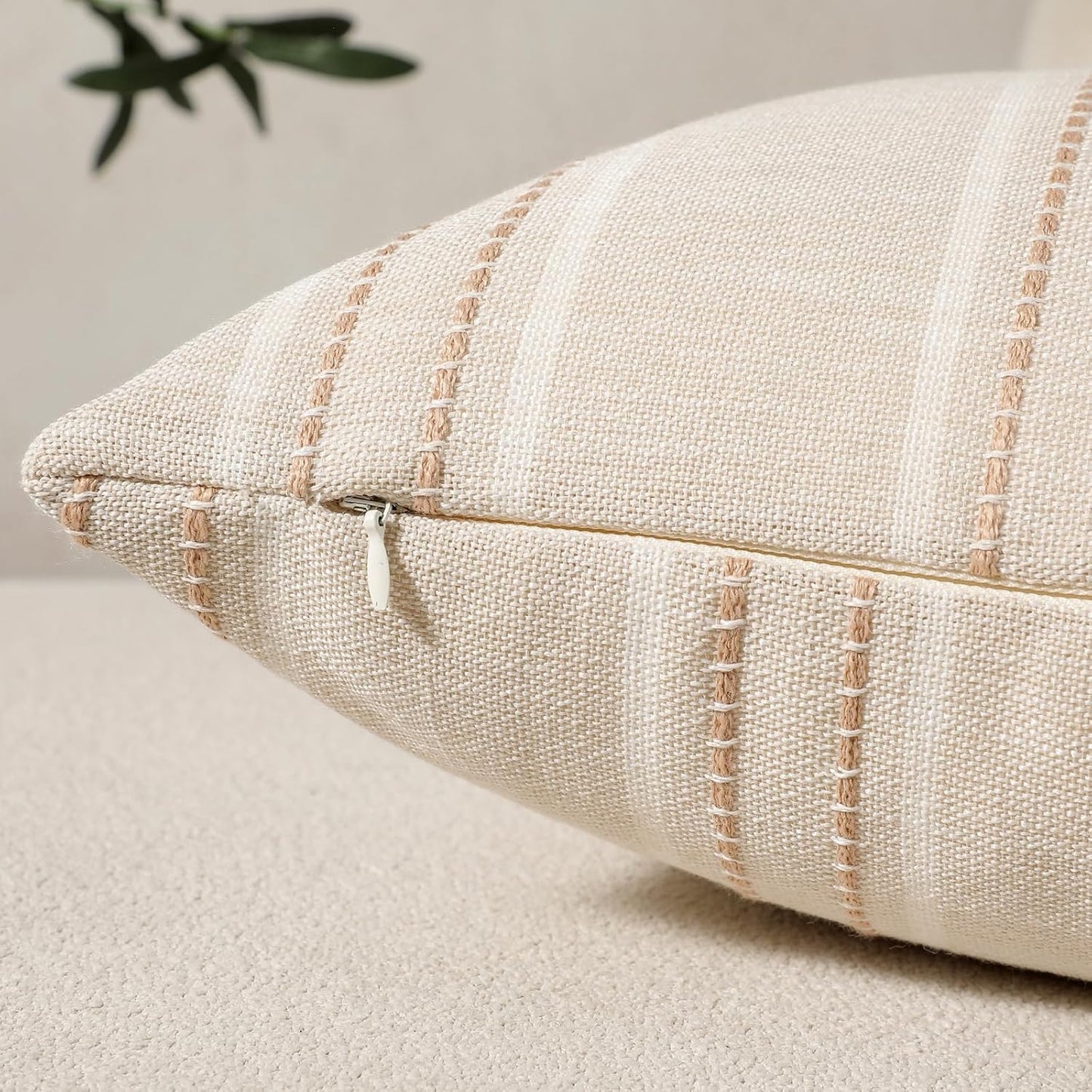 Hckot Hand Made Throw Pillow Covers 20x20 Set of 2 Striped Pillow Covers Linen Decorative Pillows Square Cushion Covers for Sofa Couch Bed Living Room Farmhouse Decor, Khaki