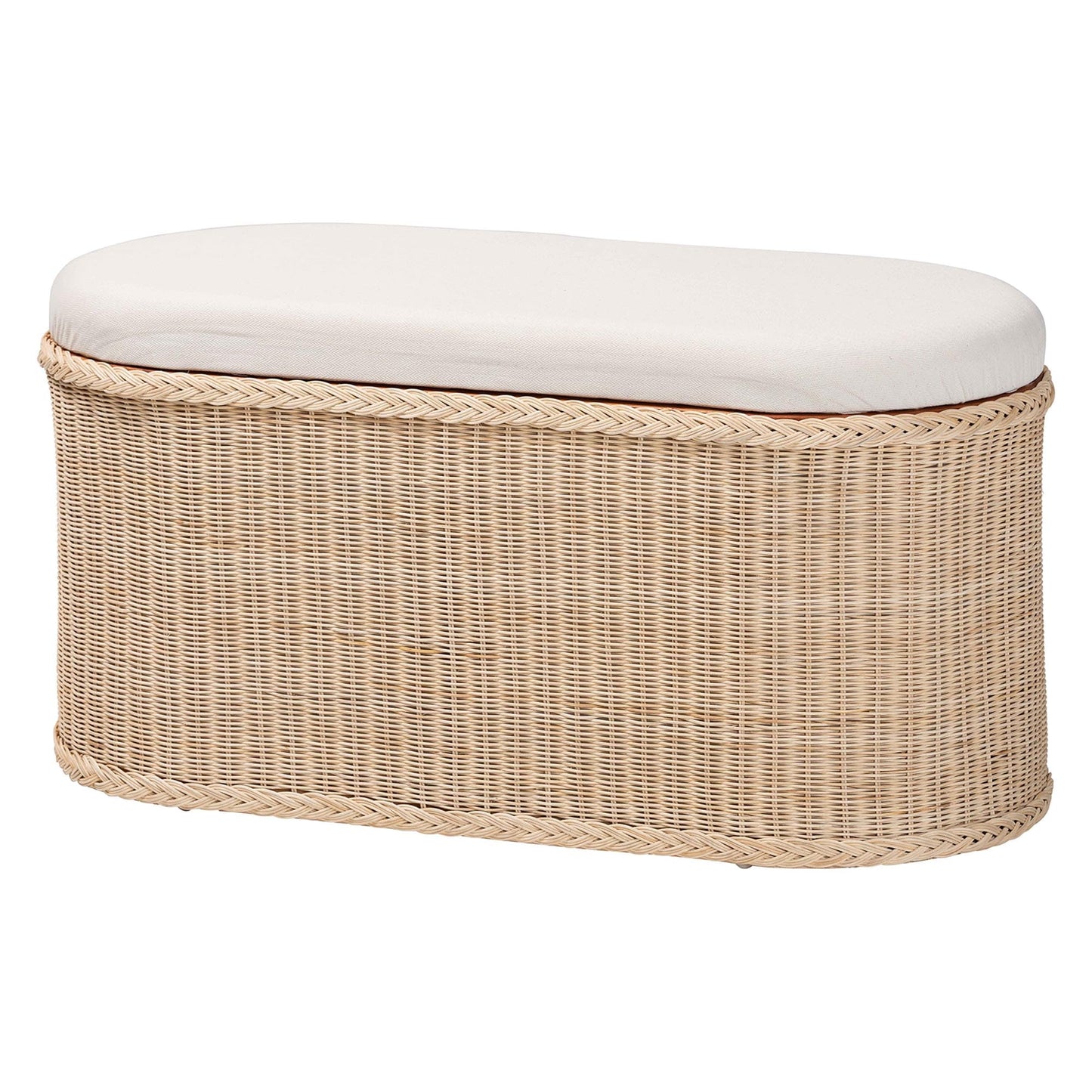 Braided Natural Rattan Storage Bench with Cushioned Lift-Top Lid