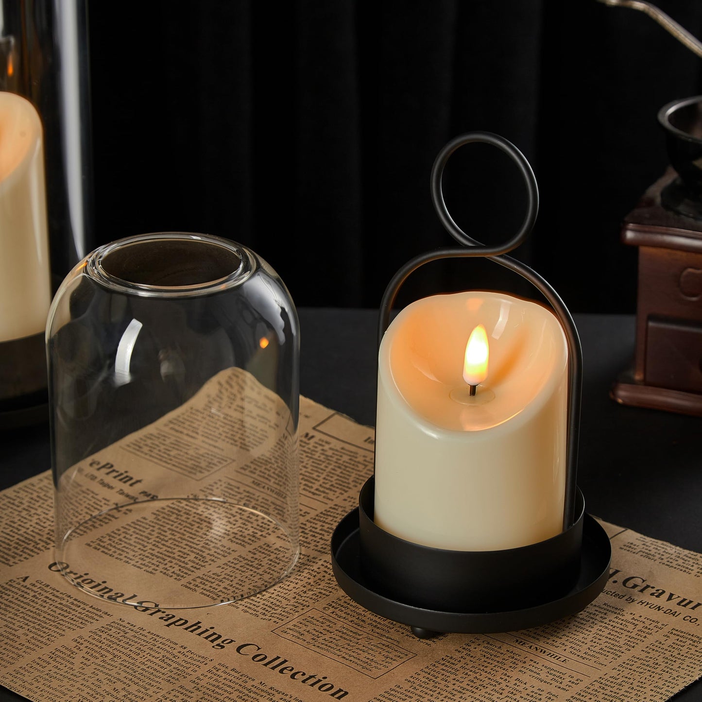 Brass Hurricane Candle Holder with Handmade Glass Dome, Set of 2